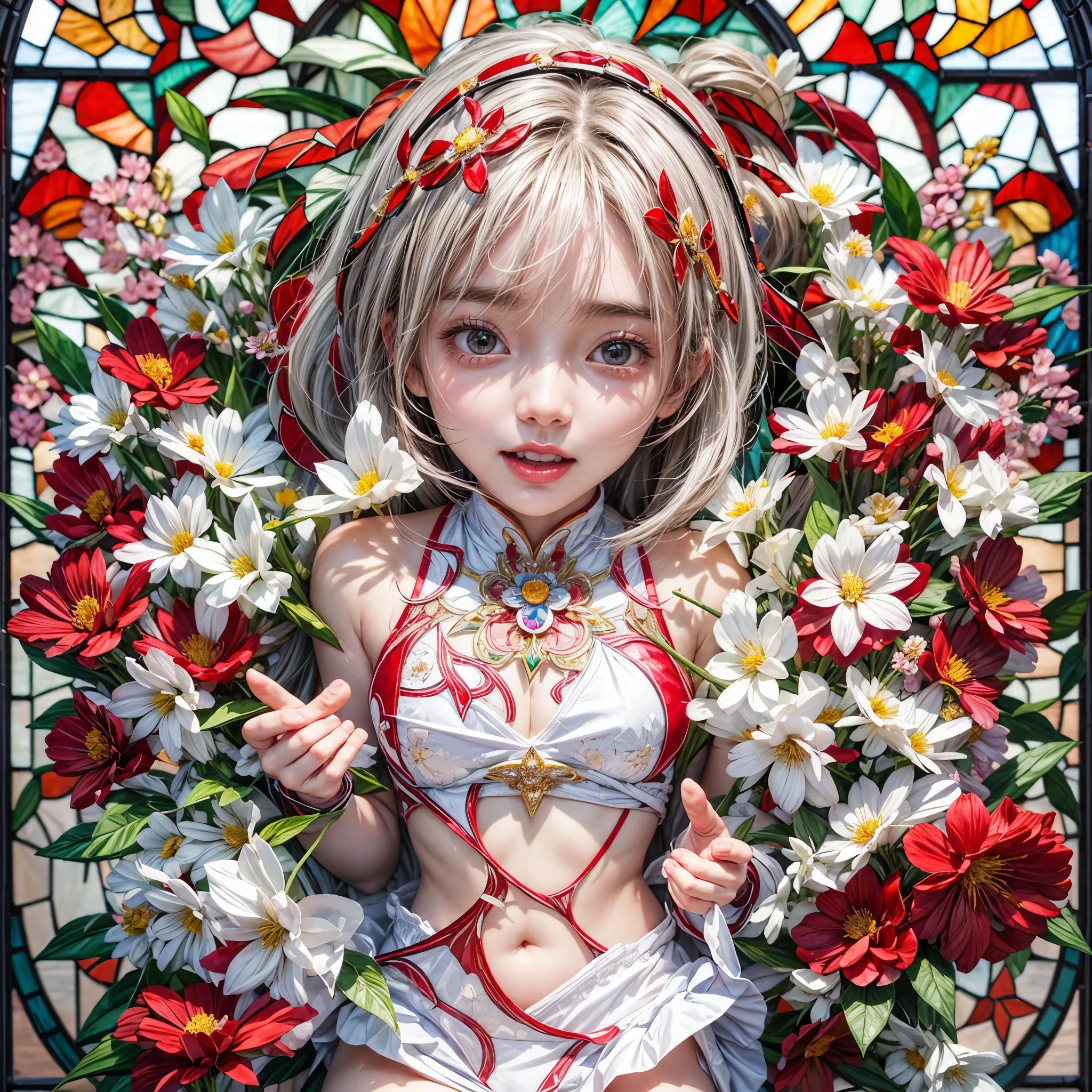 White and Red, Masterpiece, (physically-based rendering with ultra-detailed, (realistic and (photorealistic:1.37) with touch of rawness), Acutance:0.8) . A group of KAWAII girls in Cut-off uniform with opened Cleavage . (((extremely detailed KAWAII face variations)) with joyful expressions), { Navel | pretty Ass | (Overflowing underboob) | White panties with (blood seeping only in crotch area) | (full of Flowers covering girl's body) | ((Dazzling colorful stained glass with stunning elaborate details:1.2)) | A Dazzling Halo Floating above girl's head } . (Exposed:1.2), ((nipple:-0.9)), (not Detailed fingers:-0.9) .