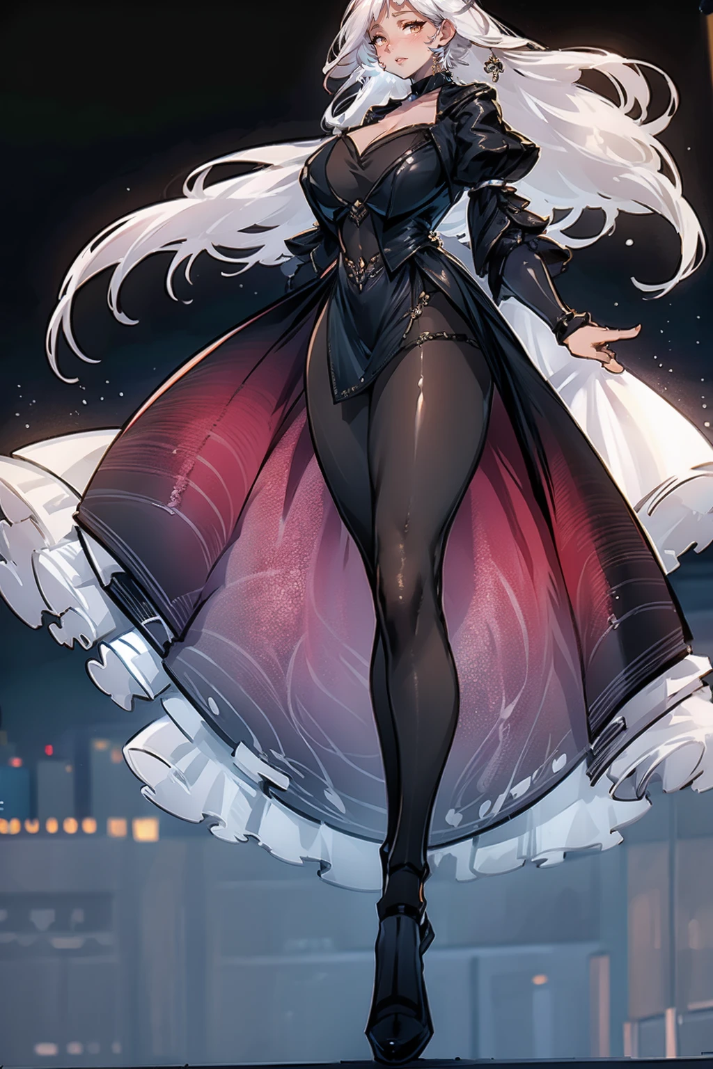 Fat butt，Busty，Tall，tall，a woman，masterpiece，best quality，The face  beautiful，black stockings，Crystal shoes，noble，abdominal musclelack hair，god，evening dress，Diamond decoration，front，whole body，black dress，noble，Crystal Crown，lace，black stockings，Smooth，necklace，earring，High heel，Whitening，cloak，long skirt，lace，starry sky background