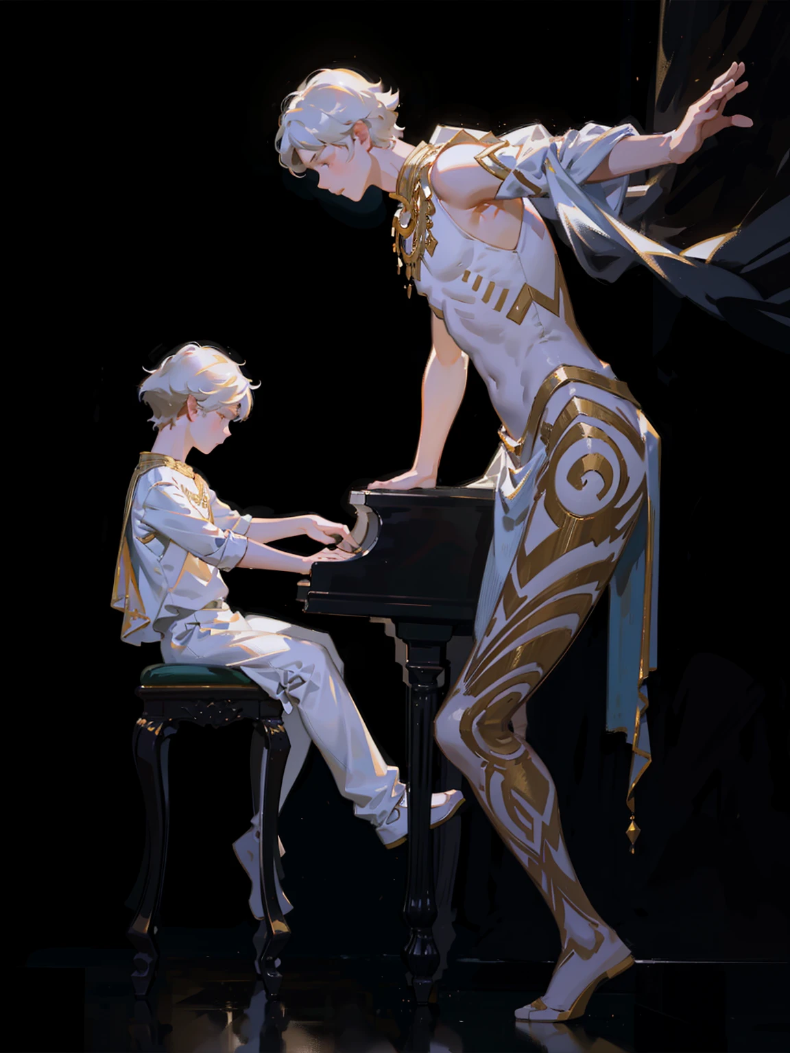 full body standing painting,(Drawing of boy playing piano), White suit Andy Jurgens Nandy Jurgens) Realistic paintings created, , figurative art, A detailed description, realistically, a work of art, contour, View from the side, background