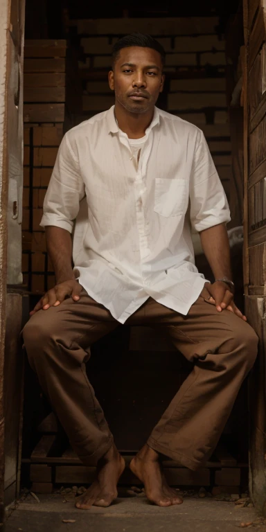 Sitting man in loose white black strip shirt, brown pant, village asthetics, prominent hands on knees