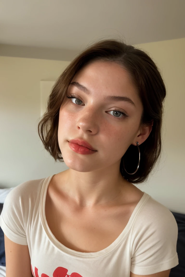 (high angle, closeup on face:1.2) selfie of CandelaGallo, she  wearing tight t-shirt , earrings, tshirt, red lipstick, her hair  styled as low messy knot, BREAK she  (in the bedroom:1.1), silhouetted against the light, shot on Leica T, Leica colors, tone,shallow depth of field,vignetting, Voigtlnder Nokton 50mm f1.1 ,