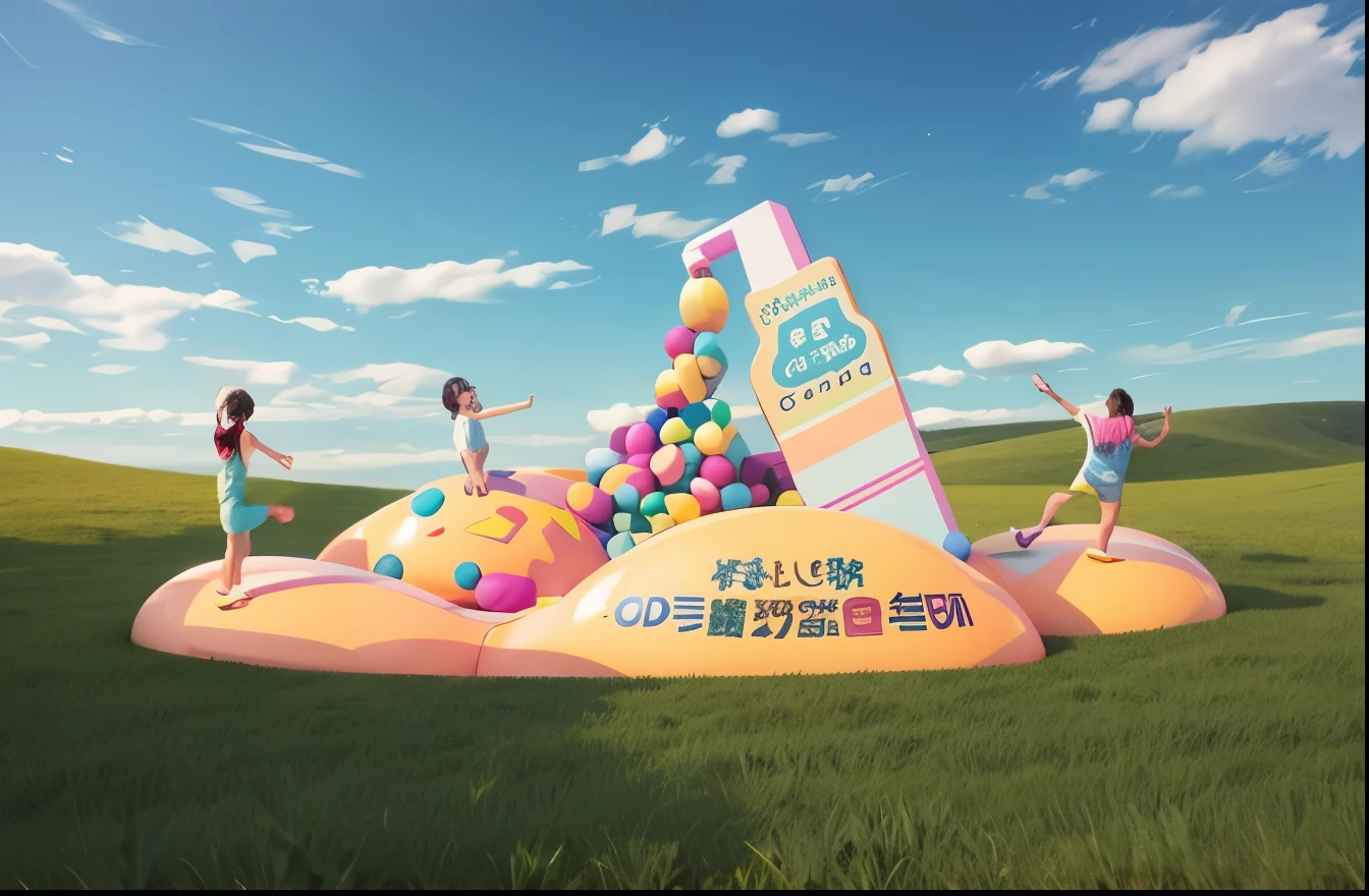 giant installation art，Colorful bobo balls，huge elastic material，Several people are jumping，blue sky，Baiyun，masterpiece，C4D，oc renderer，high quality，bright shades，clean screen