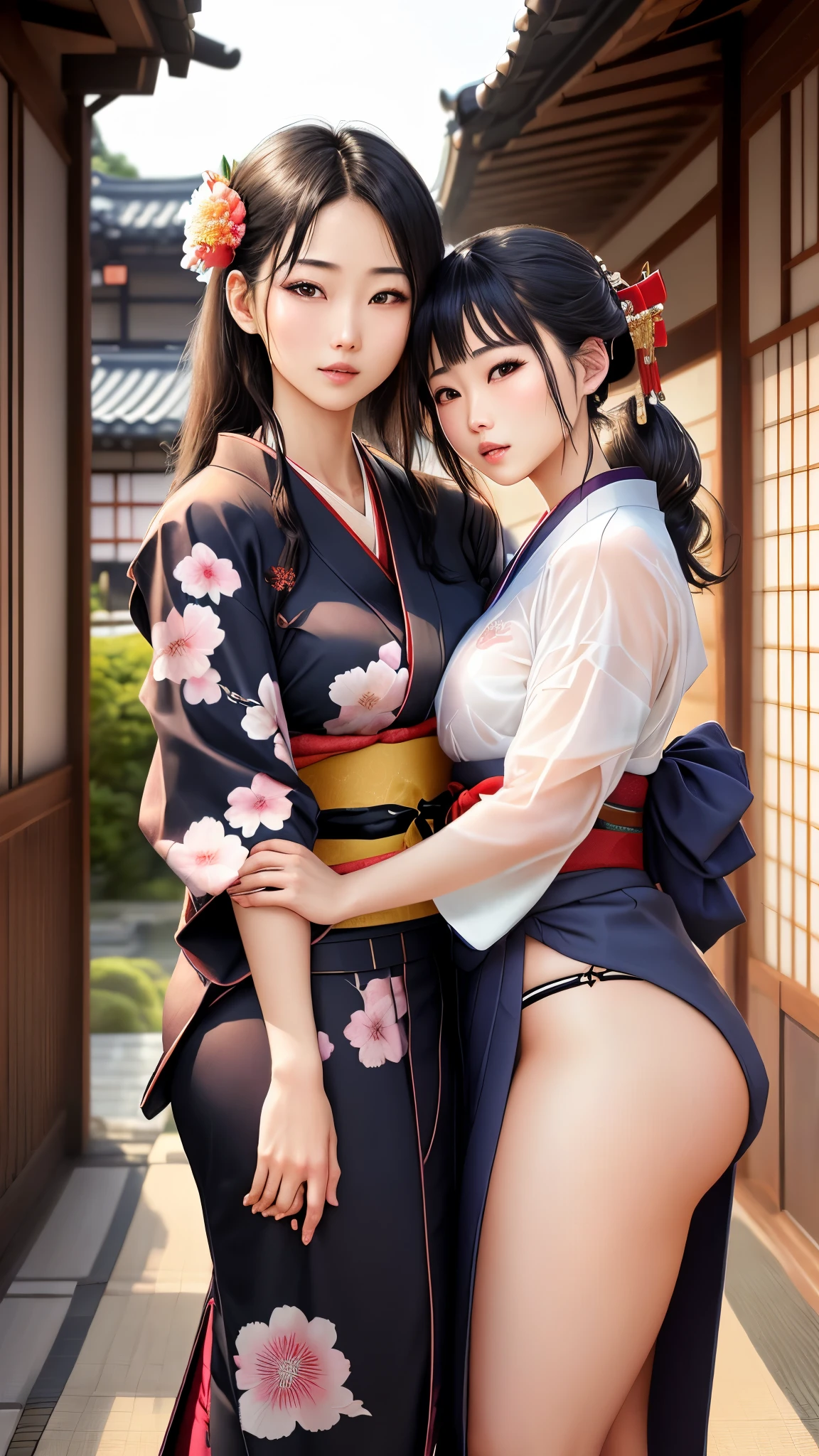 NSFW、最high quality、high quality、best image quality、8K、最High resolution、High resolution、最high quality、masterpiece、Depth of object being written、RAW photo、group photo、realistic atmosphere、(detailed face)、(fine hands、thumb１reference４)、(beauty of japan )、very nice face、cute face、((beautiful japanese girl))、(日本people々woman), ((multiple girls))、((girls hugging each other２people々))、((18 year old beautiful girl))、(glossy black hair)、(straight long hair)、(ponytail)、whole body、slim style、(shiny skin)、(Fair skin, Glossy skin)、本物のpeople々skin between、リアルなpeople々body structure、perfect body， perfect face， perfect hands， perfect fingers， perfect lips， perfect eyes，perfect teeth、perfect background， perfect atmosphere， natural soft light、photon mapping、samurai kimono、maiko kimono、servant、geisha kimono、japanese kimono、Kimono up to the waist、short kimono、japanese traditional、((floral kimono(thin、sexy、transparent、erotic))、In front of a samurai residence in Japan、((random color floral pattern(samurai kimono、Hakama with slit))