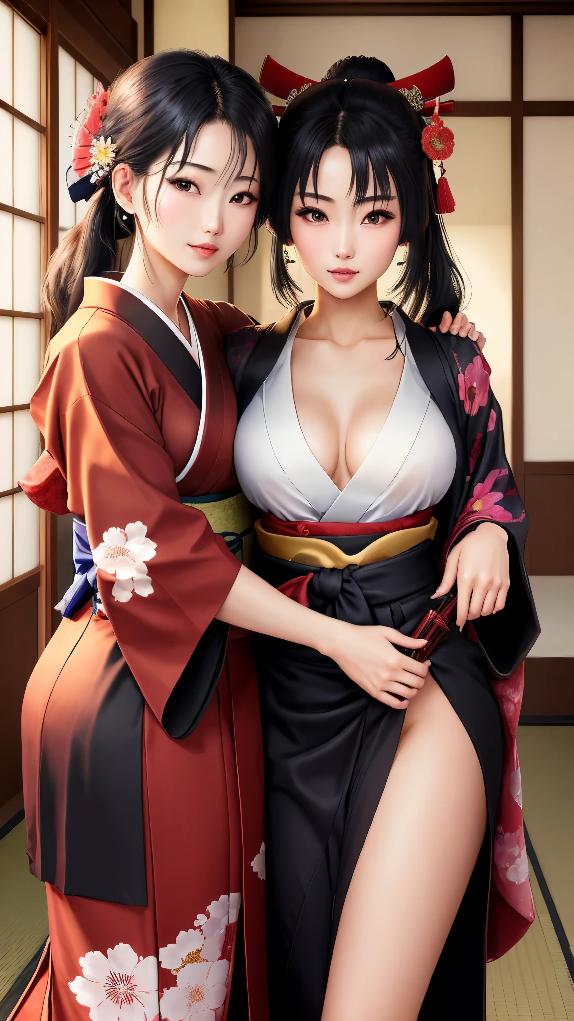 NSFW、最high quality、high quality、best image quality、8K、最High resolution、High resolution、最high quality、masterpiece、Depth of object being written、RAW photo、group photo、realistic atmosphere、(detailed face)、(fine hands、thumb１reference４)、(beauty of japan )、very nice face、cute face、((beautiful japanese girl))、(日本people々woman), ((multiple girls))、((girls hugging each other２people々))、((18 year old beautiful girl))、(glossy black hair)、(straight long hair)、(ponytail)、whole body、slim style、(shiny skin)、(Fair skin, Glossy skin)、本物のpeople々skin between、リアルなpeople々body structure、perfect body， perfect face， perfect hands， perfect fingers， perfect lips， perfect eyes，perfect teeth、perfect background， perfect atmosphere， natural soft light、photon mapping、samurai kimono、maiko kimono、servant、geisha kimono、japanese kimono、Kimono up to the waist、short kimono、japanese traditional、((floral kimono(thin、sexy、transparent、erotic))、In front of a samurai residence in Japan、((random color floral pattern(samurai kimono、Hakama with slit))