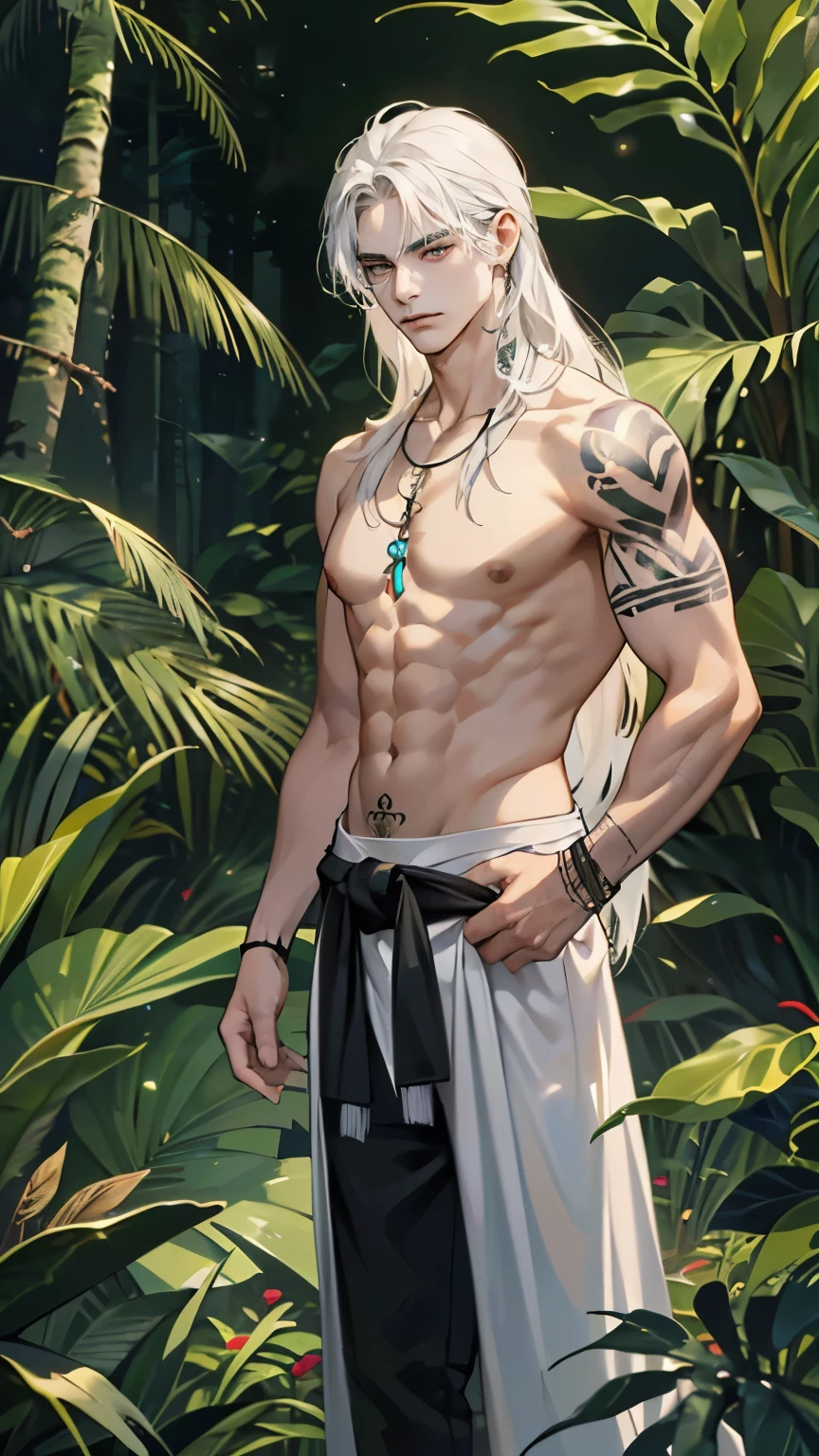 1 boy,tall and strong,perfect male figure, eyes looking at camera.(Amazonian indigenous male, dark skin, Original tattoo),long white hair, (Skins披风,hairy,Skinandage wrist guardeather necklace,serious expression, standing in forest,Rainforest,Ray tracing
