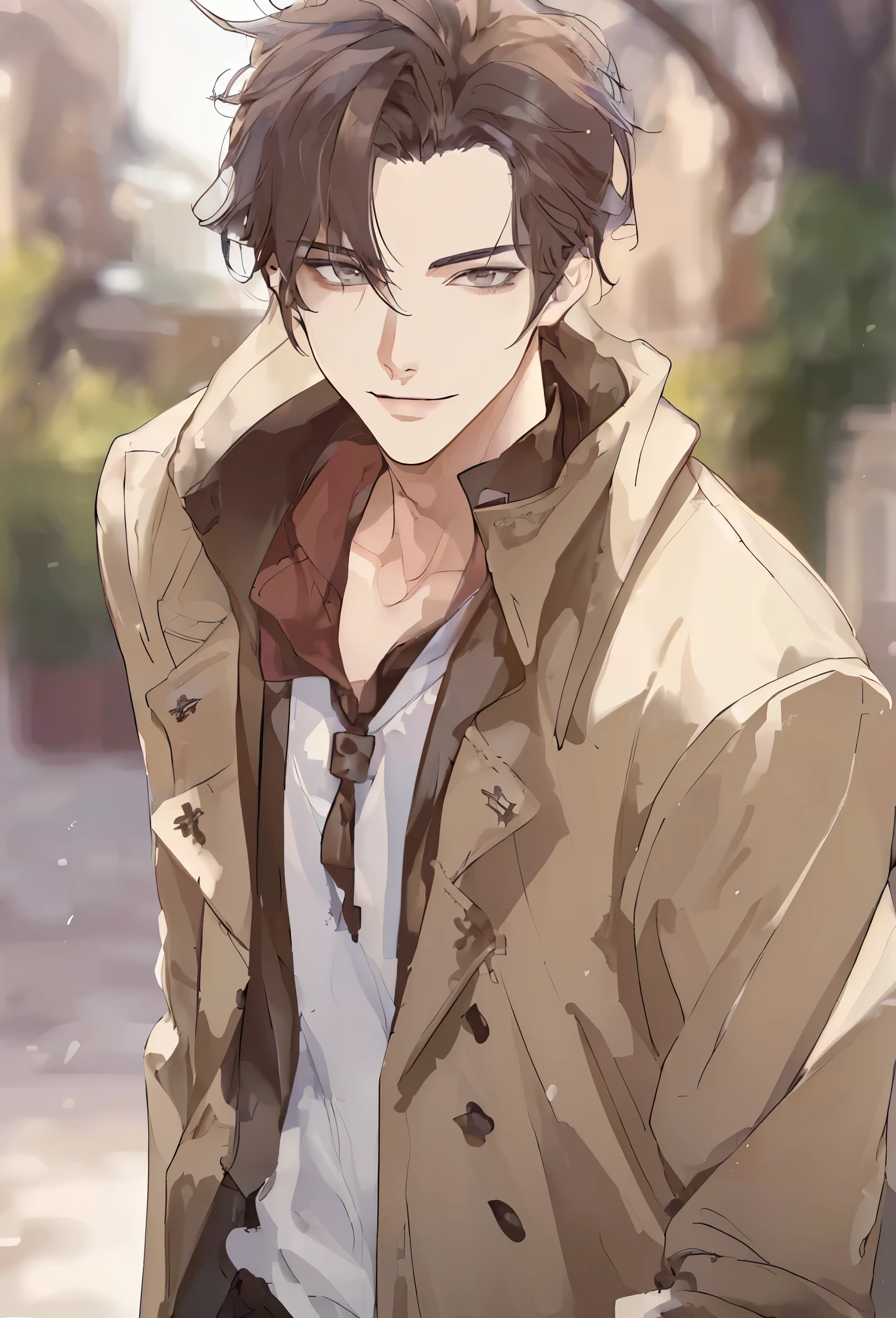 (masterpiece, best quality), 1 male, 23-year-old youth, Real world Tall, Handsome, super super slim, Frontal portrait shot, Intricate details, Fine eyes, grey eyes, Intricate details, Brown long Trench coat, Brown mid-long hair, Partial distribution, Hoodie, Casual trousers, smile, city, bangs, crossed bangs, UHD