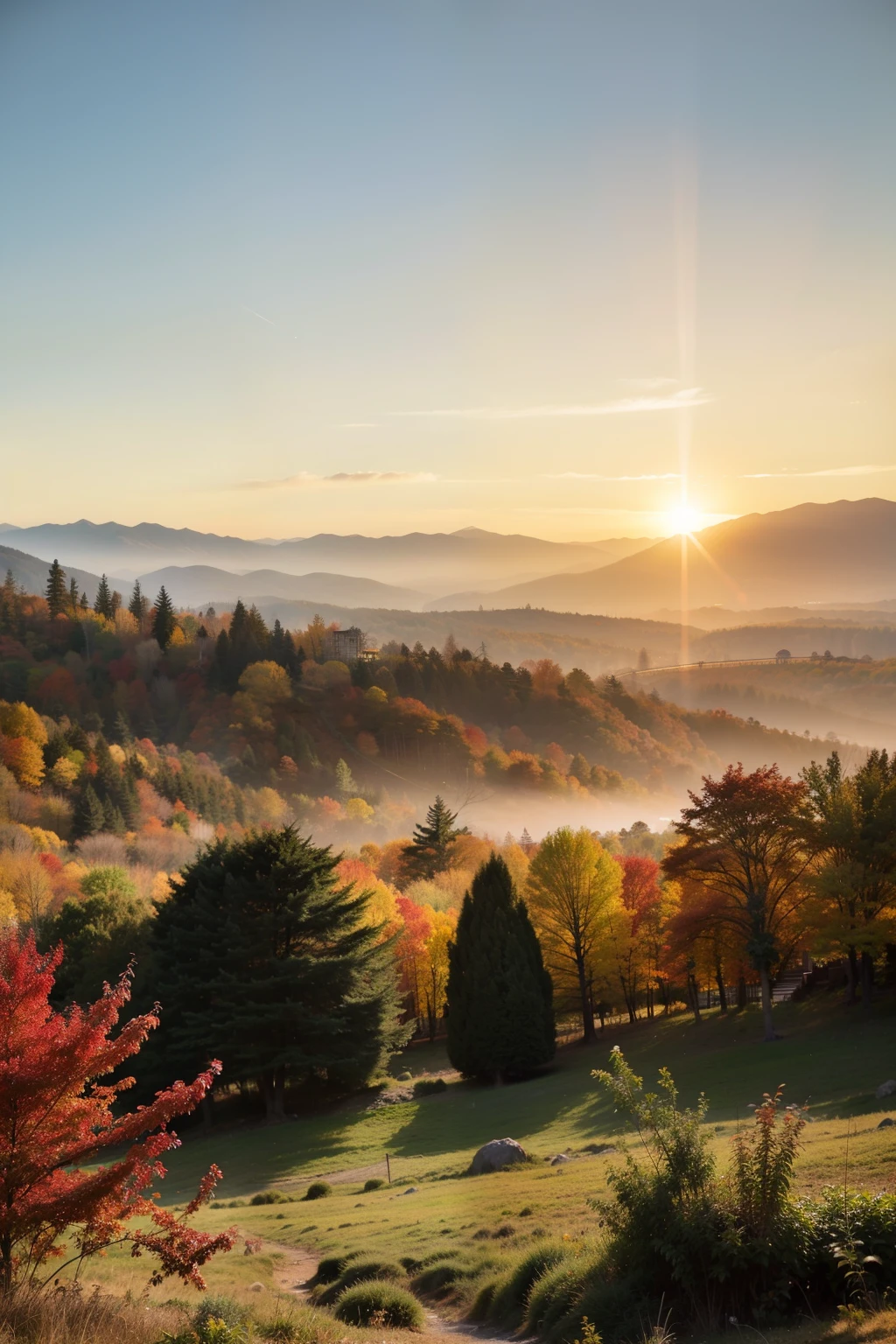 This a colorful photo,Showing a spectacular autumn color。The sun shines through the gaps between the leaves,Covering this land with a golden glow。Mountains in the distance are illuminated by the setting sun,Looks extremely majestic。The nearby leaves sway with the wind,Like a dancer dancing in the air。