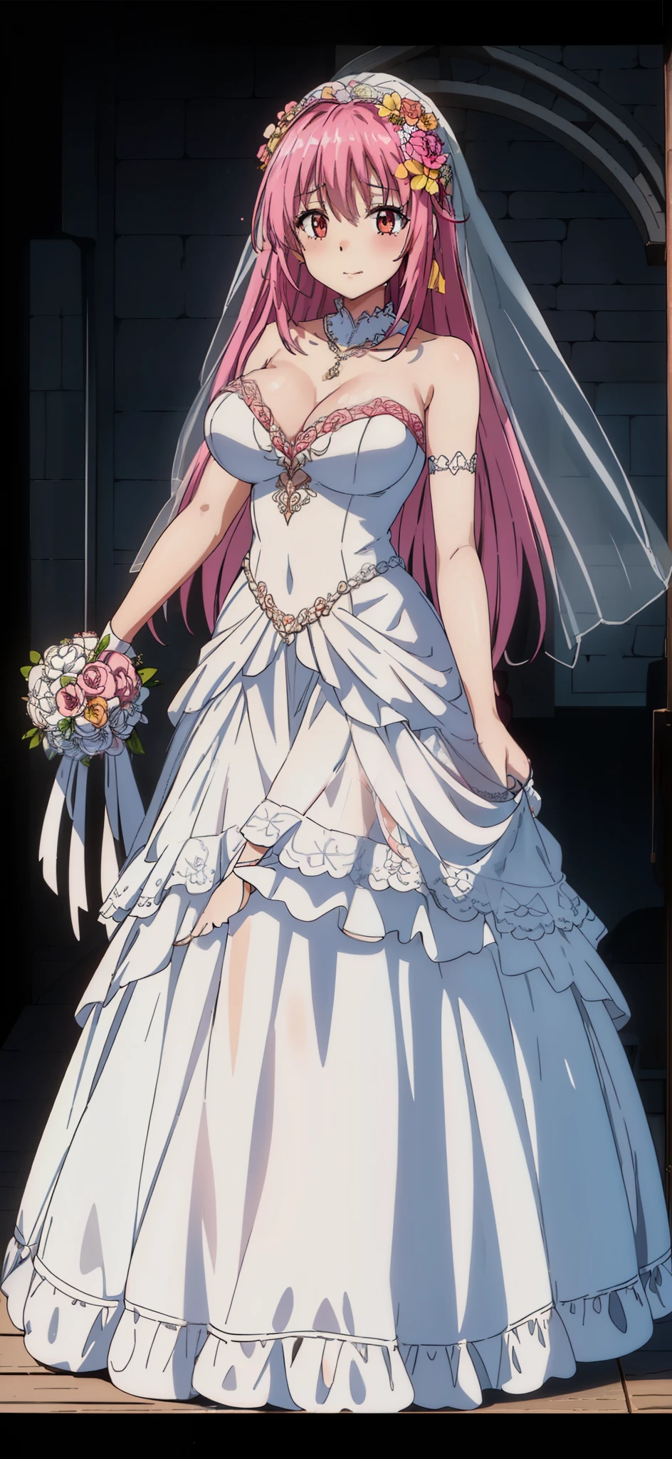 

pink hair,red eyes,yellow ribbon,long_hair,
1 girl,20 years,young women, Close-up of beautiful bride wearing beautiful wedding dress,Gurwitz,(bridal veil:1.5），（Transparent short veil：1.5），Blushing face，Head flower，headgear，（tube top wedding dress：1.5），（Silk dress：1.2）,（Strapless wedding dress：1.5）,pure white dress，necklace，earrings，(large breasts:1.3)，Deep V peach heart collar wedding dresangs，lipstick，（lace gloves：1.3）,whole body照,High detail RAW color art,Long white dress，whole body，Place your hands behind your back，