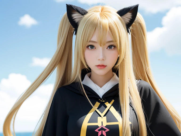 anime girl with long blonde hair and black cat ears, blonde anime girl with long hair, anime girl with long hair, marisa kirisame, marin kitagawa fanart, anya from spy x family, female anime character, kirisame marisa, guilty gear art style, from girls frontline, in a cloak with long hairs, anime girl wearing a black dress, anime moe artstyle