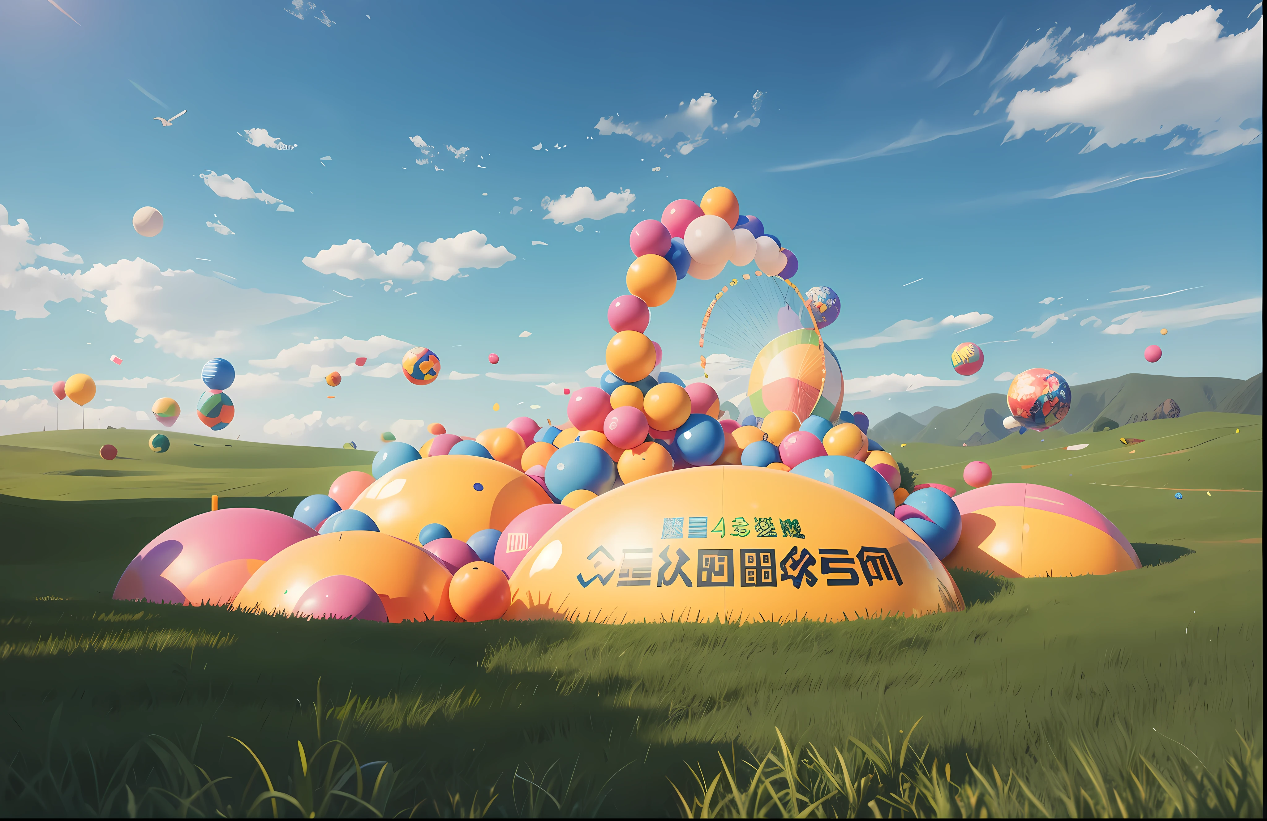 giant installation art,Colorful bobo balls,huge elastic material,Several people are jumping,blue sky,Baiyun,masterpiece,C4D,oc renderer,high quality,bright shades,clean screen