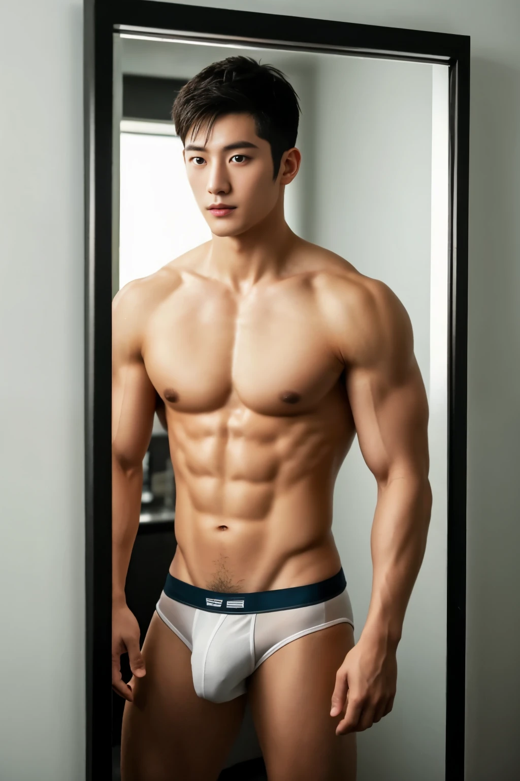 Man in underwear standing in front of the mirror,The mirror shiny,Sparkling,northeast,Muscle men,Mannequin, athletic physique, slender, no body hair, wearing nothing, completely naked , Realistic, fully naked, nude, perfect , male , correct male scrotum, perfect scrotum, male structure, correct male genitelia, huge and veiny male genitelia, hard male genitalia, erect male genitalia,Very short black hair,The style of a star,School grass style,Place your hands on your waist,Strong arms,Very sexy,Yang Yang's height and appearance,Very sexy lingerie style,Robust male body,The majestic and good-looking,Wide and clear,You can see the shape of the chicken bar