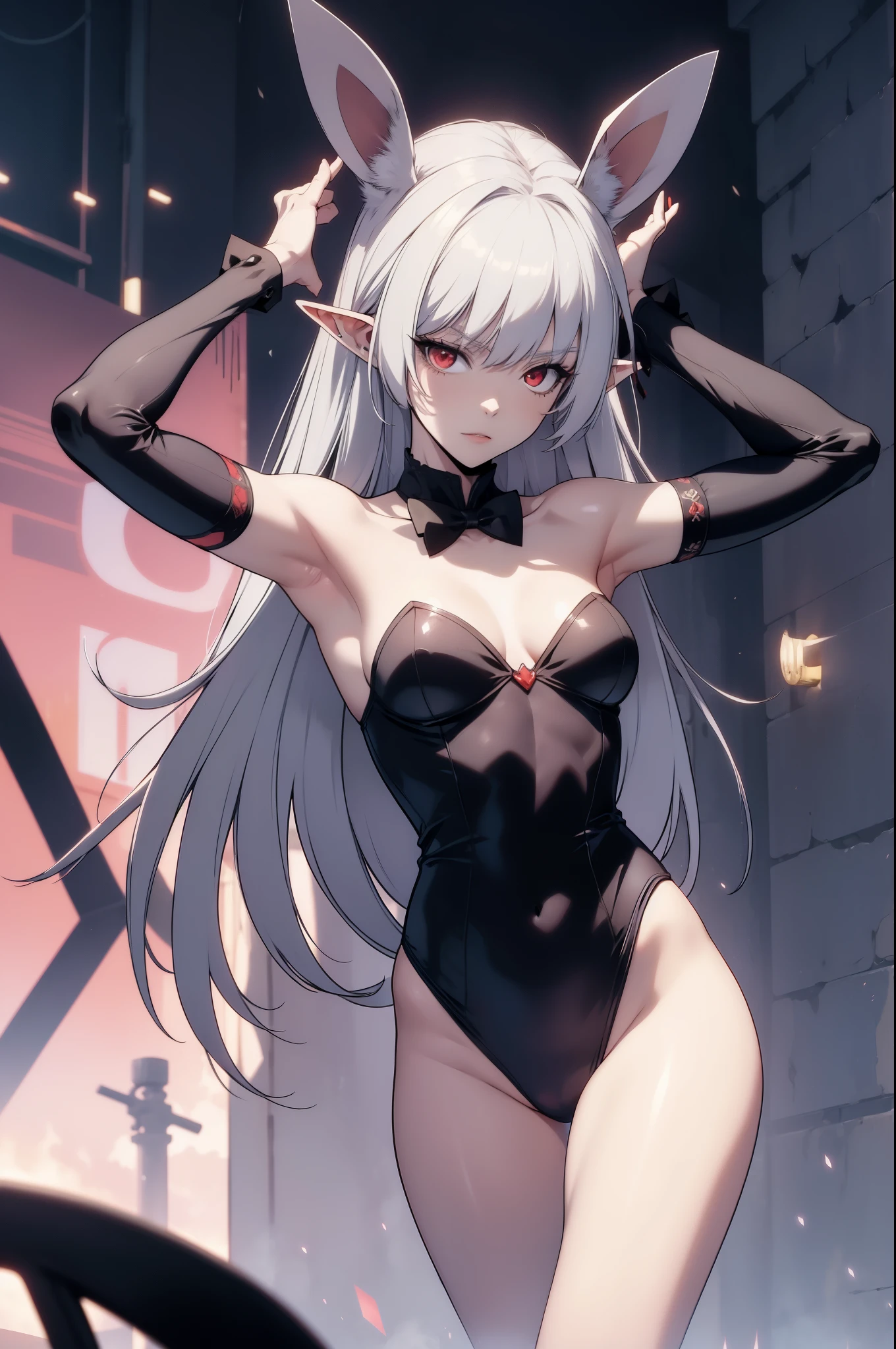 ((rabbit pose arms up)),alice,vampire,grey hair, long hair, red eyes, pointy ears, small breasts