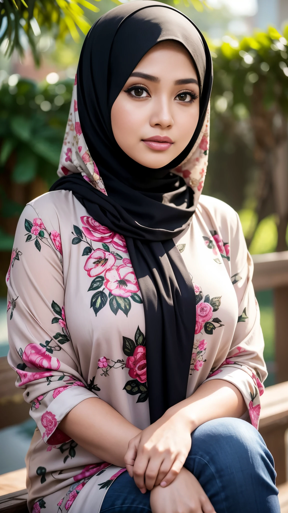 Close up),RAW, Best quality, high resolution, masterpiece: 1.3), Beautiful Malay woman in hijab,perfect fit body, big breast,sthick thighs,big beautiful eyes, Soft smile, beautiful face,very beutifull face,lip glosy, watery eyes,full body, woman wearing a floral shirt and black pants, lovely woman, malay women, hijab, very beautifull girl, with beautiful exotic, wearing beautiful clothes, cute woman, young and cute girl, beautiful pretty young, beautiful female, attractive girl, beautiful malay woman, beautiful, muslim, wearing a blouse, beautiful  woman dress and cloth ,Great lighting, Bright colors, Clean lines , background bokeh. 