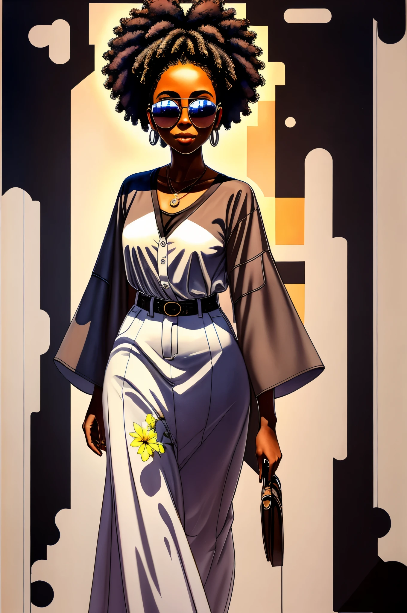 "Full body, water colors, ink drawing, beautiful cyberpunk Sudanese woman, wearing smart digital sunglasses, clean defined delicate features, stylish bohemian top and long skirt, floral background, in the style of Afrofuturism