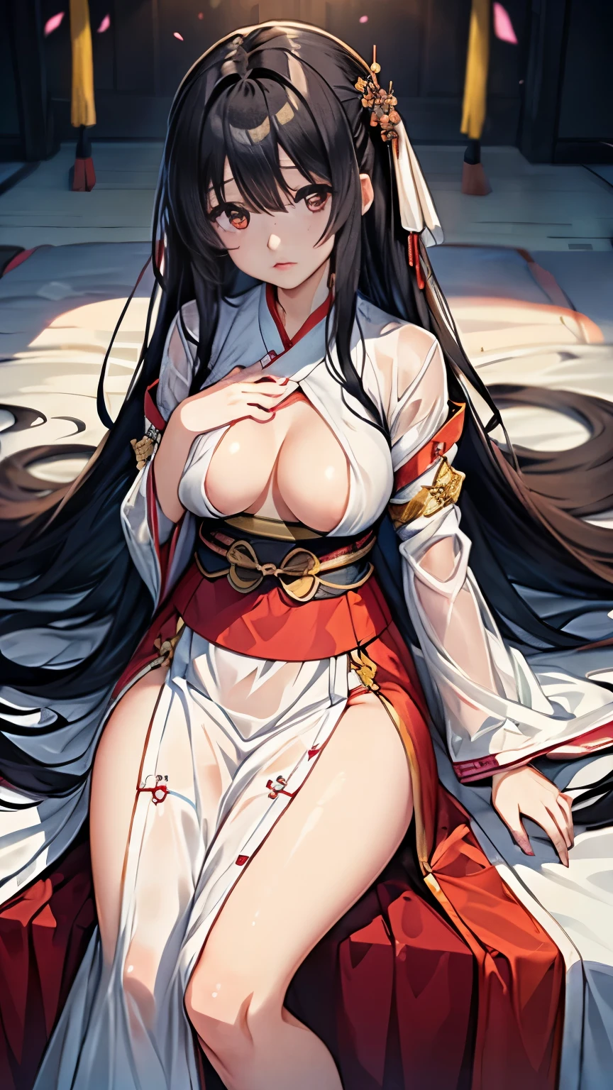 (masterpiece:1.2, beautiful, aesthetic), (Anime style:1.5)，4K,ambient soft lighting, 4K, perfect eyes, perfect face, perfect lighting, 1girl,black hair, ((exposed breasts:1.3)), glowing eyes, hair between eyes, lips, long hair, looking at viewer,parted lips, (plump),(slim),red eyes, solo,((very  Prominent nipples and vagina:1.1)),((((Transparent Hanfu))))，Transparent martial arts clothing,full-length picture