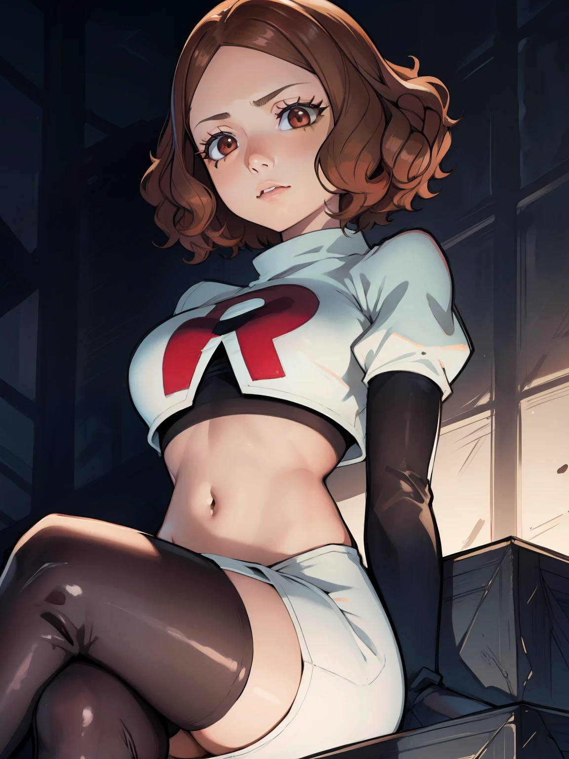 haru okumura, (brown eyes:1.5), brown hair, short hair, ,glossy lips ,team rocket uniform, red letter R, white skirt,white crop top,black thigh-high boots, black elbow gloves, sinister villianess look, looking down on viewer, sitting ,crossed legs, night sky background