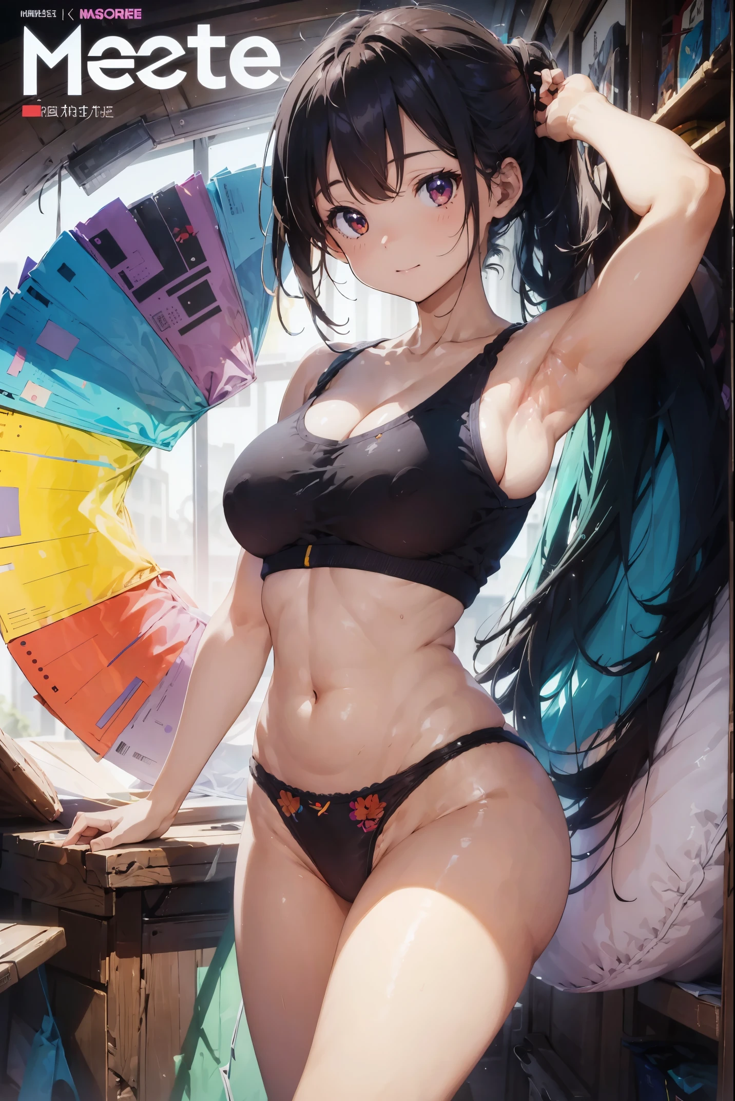 masterpeace, best quality, (magazine cover), lineart, colorful, 1girl, 18yo girl, busty, (spread legloral panties), vibrant colors, Volumetric Lighting, Best Shadows, Shallow Depth of Field, (Highest Quality, Amazing Details:1.25), Brilliant Colorful Paintings,