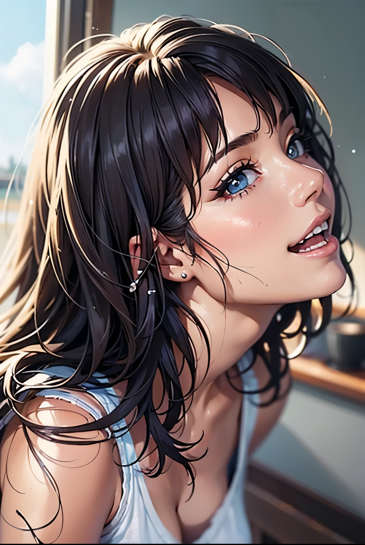 (table top), sexy、Natural light, realistic, camel toe, diffused shine, written boundary depth, professional lighting、Big eyes、eyes are blue、blonde、Russian、big smile、short bob、glitter on the background、close both eyes、white tank top、