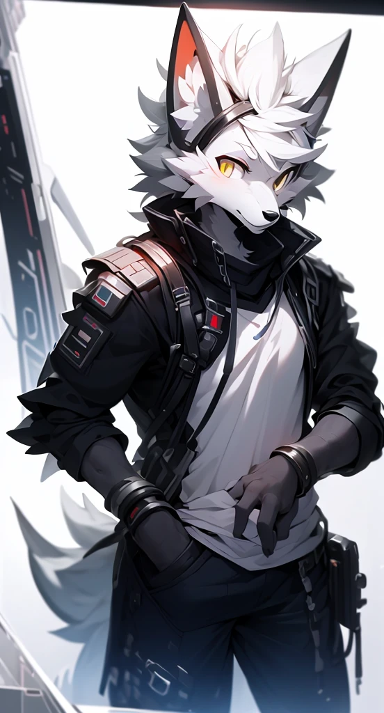 cyber punk perssonage,epcot,Tech style,solo person,White body,White ears,White hair,Overall white,Orange-yellow eyes,Wolf tail,Wolf orcs,Young,Wear a short-sleeved shirt,Ultra-clear screen,Soft lines