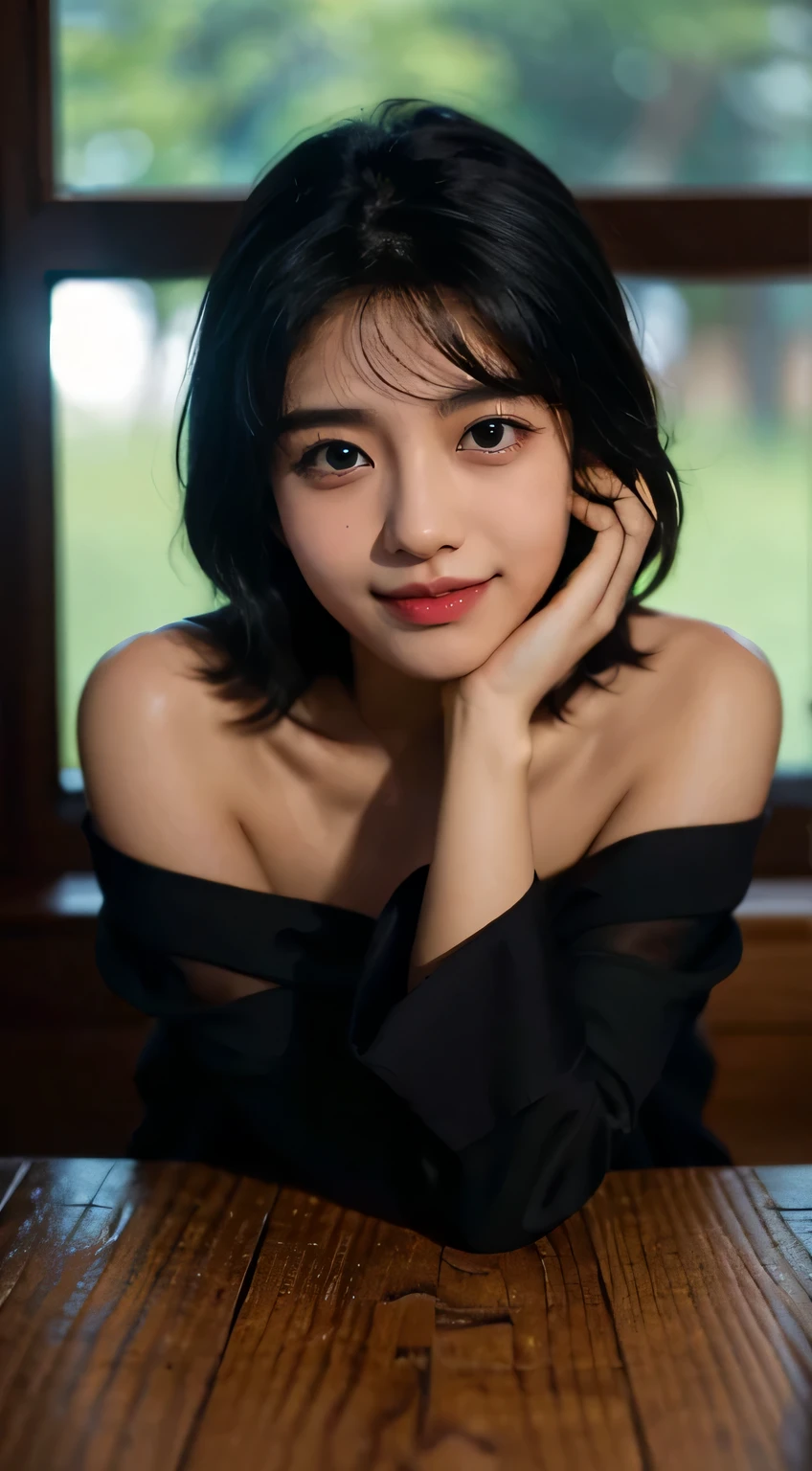 An ultra-high picture quality、8K、1 indian girl in, short black hair, Idol, proximity, a picture, filmg, hand on own face, depth of fields, A smile, modeled, window, looking at the viewers, Real life, off shoulders, tusk,