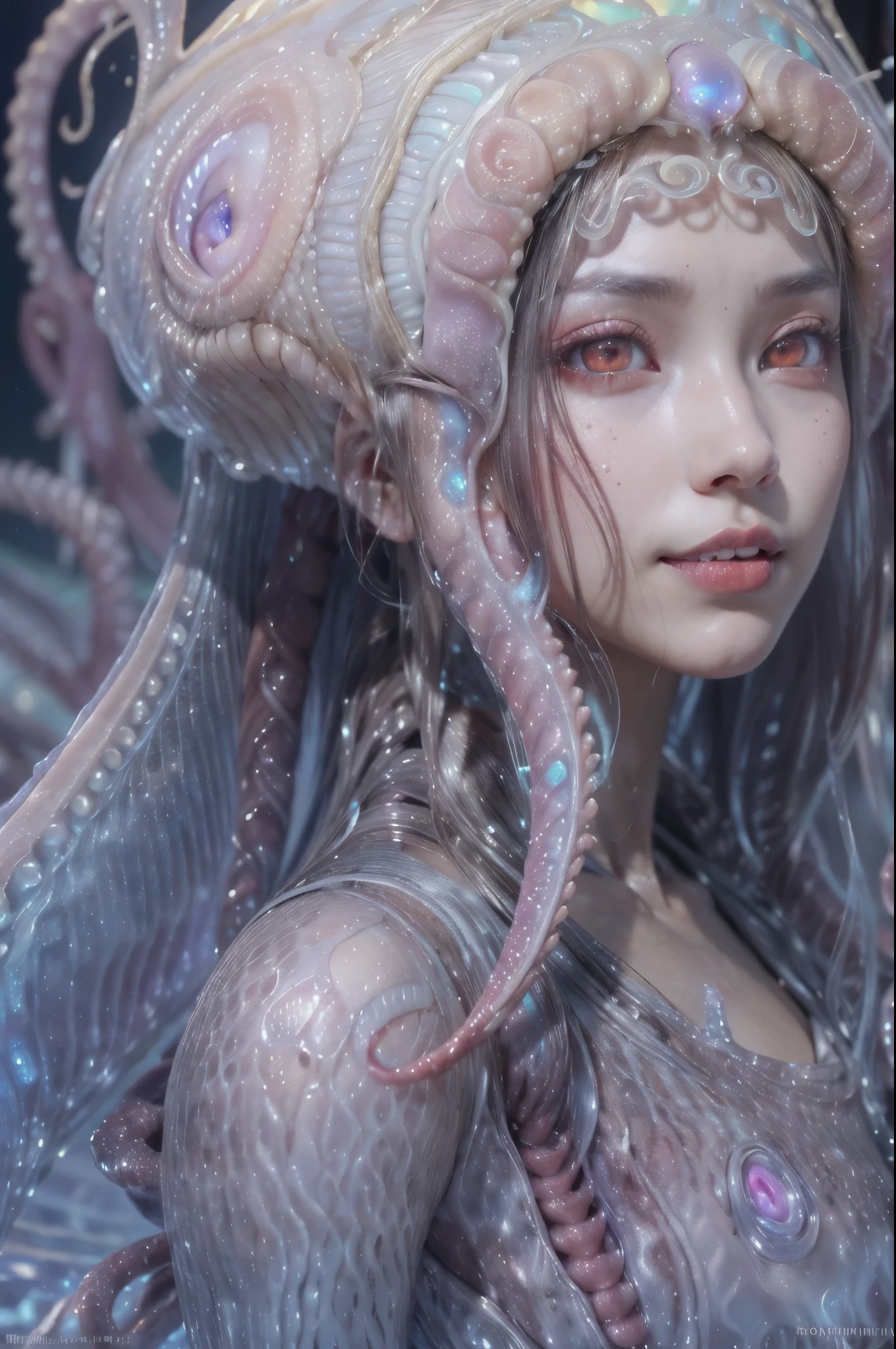 scary and sexy detailed art in color, Portrait, (beautiful and obscene female alien:1.4), (vulgarity1.5), (she has red eyes with no pupils:1.8), (Translucent skin:1.7),  ((There is a female genital-like organ in the middle of the forehead:1.9)), (The most beautiful face in the history of the universe:1.2),an evil gaze that seduces, (large mouth:1.1), (sharp teeth like a vampire:1.2), Full body portrait, (bio luminescent:1.5), (Smile wickedly:1.3),  (sexypose:1.5), incredibly beautiful alien, (she has unparalleled beauty:1.5),  No humans, cells are fused, (Lots of translucent tentacles:1.3) extraterrestrial, cell, bio image, best quality, 8K,In 4K_quality, High freshness, Dramatic Lighting, masutepiece:1.5,cinematic quality, detail up, (exquisite details:1.2), high resolution, High freshness, drawing faithfully, (Thick eyebrows:1.2), Beautiful eyes with fine symmetry,(Highly detailed face and eyes:1.2), Intimate face, (Super detailed skin quality feeling:1.4), perfect anatomy,  (Beautiful toned body:1.5),  (Moist skin:1.2), not wearing makeup, (dark circles:1.1), long canines, cinematic drawing of characters, ultra high quality model, cinematic quality, detail up, (exquisite details:1.2), high resolution, High freshness, drawing faithfully, official art, Unity 8K Wall  , 8K Portrait, best quality, Very high resolution, ultra detailed artistic photography, midnight aura,  unreal engine 5, Ultra Sharp Focus, art by Amano Yoshitaka, ArtGerm, Roisch, intricate artwork, best quality, masterpiece, ultra high resolution, (photos realistic:1.4), ultra realistic realism, dream-like, nautilus, Creation of fantasy, Snail, Dream Snail, (biopunk nautilus:1.3),Thrilling color schemes, ultra realistic realism, seductively smiling, Blue tentacles, scail