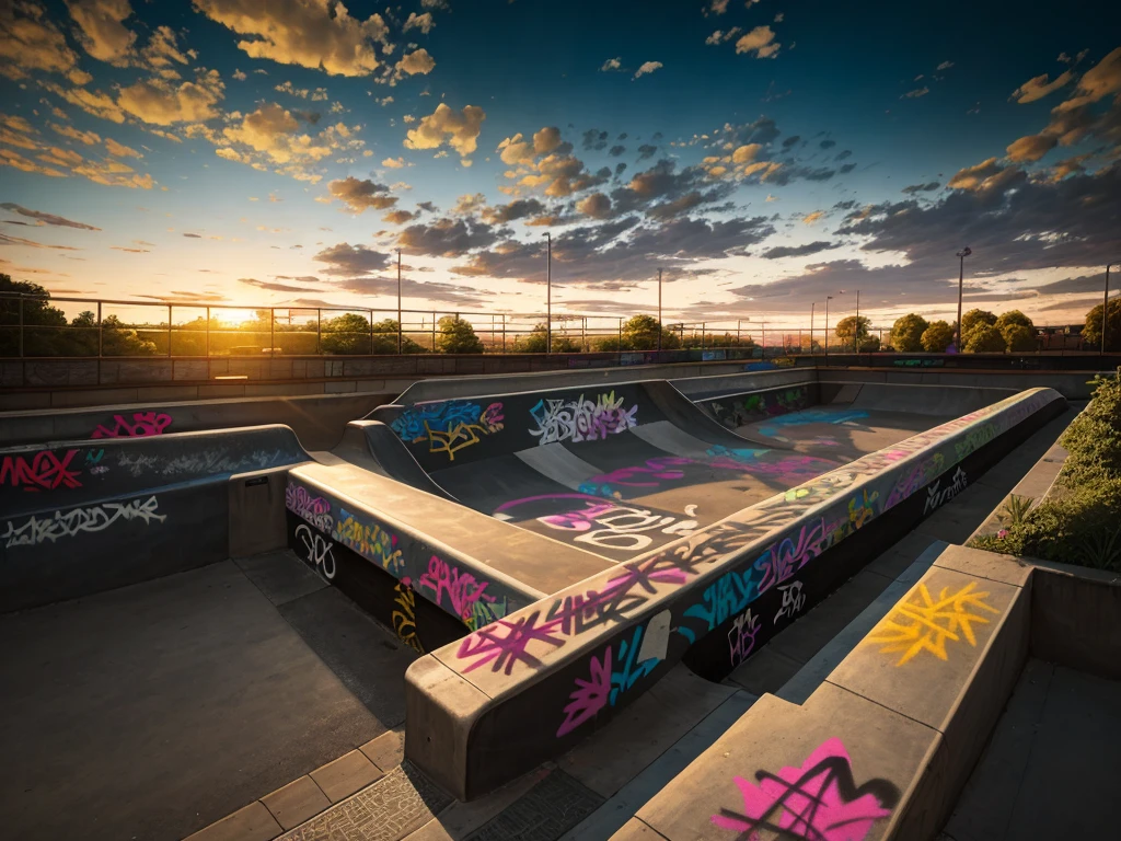 skateparks, (realistic), add vibrant graffiti to railing obstacles, clear skies, composition, sunset, (hdr:1.5),  intricate details, seamlessly integrates ramps rails bowls and flat ground areas for varying levels with extremally vibrant and beautiful graffiti  