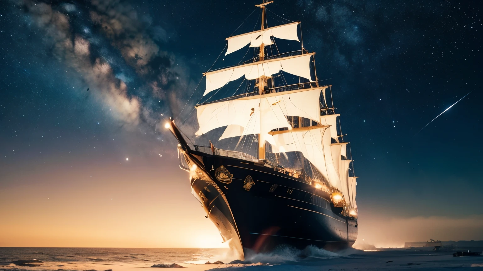 magnificent,interstellar space,Starry sky,Elevation viewing angle,A huge sailing ship flying through,The background the rising sun,Movie-like futuristic technology,8K