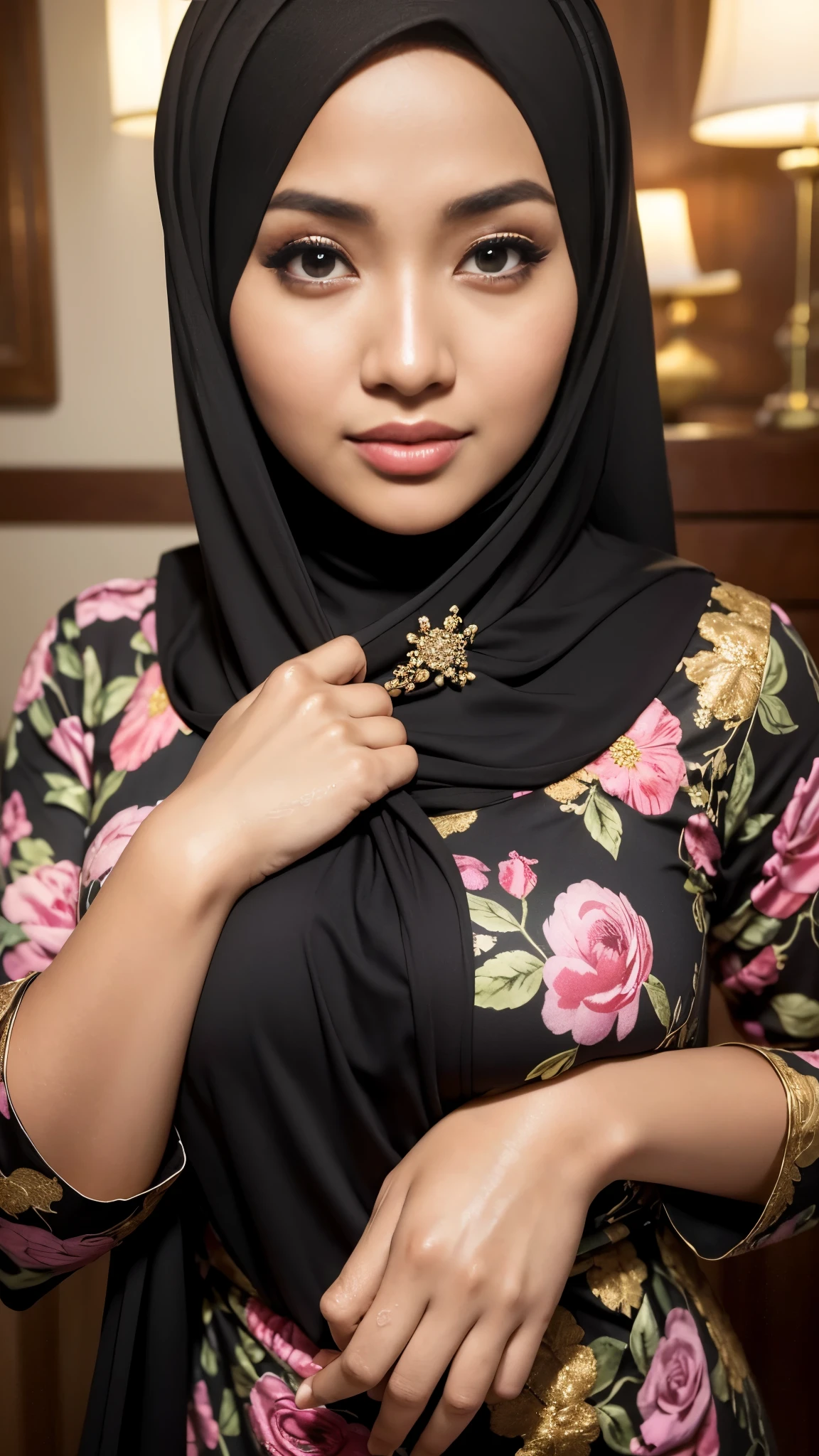 Close up),RAW, Best quality, high resolution, masterpiece: 1.3), Beautiful Malay woman in hijab,perfect fit body, big breast,sthick thighs,big beautiful eyes, Soft smile, beautiful face,very beutifull face,lip glosy, watery eyes,full body, woman wearing a floral shirt and black pants, lovely woman, malay women, hijab, very beautifull girl, with beautiful exotic, wearing beautiful clothes, cute woman, young and cute girl, beautiful pretty young, beautiful female, attractive girl, beautiful malay woman, beautiful, muslim, wearing a blouse, beautiful  woman dress and cloth ,Great lighting, Bright colors, Clean lines , background bokeh. 
