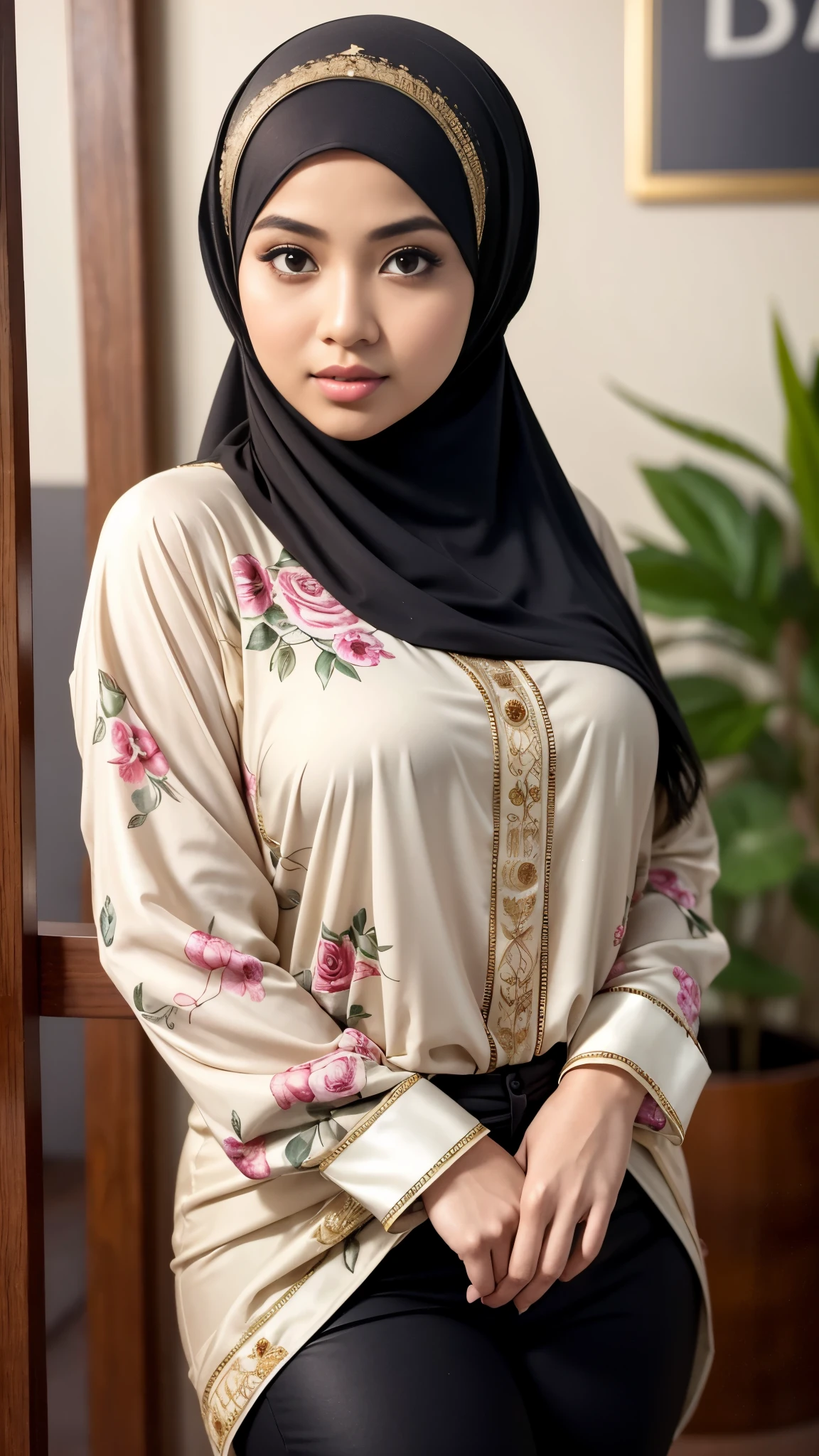Close up),RAW, Best quality, high resolution, masterpiece: 1.3), Beautiful Malay woman in hijab,perfect fit body, big breast,sthick thighs,big beautiful eyes, Soft smile, beautiful face,very beutifull face,lip glosy, watery eyes,full body, woman wearing a floral shirt and black pants, lovely woman, malay women, hijab, very beautifull girl, with beautiful exotic, wearing beautiful clothes, cute woman, young and cute girl, beautiful pretty young, beautiful female, attractive girl, beautiful malay woman, beautiful, muslim, wearing a blouse, beautiful woman dress and cloth ,Great lighting, Bright colors, Clean lines , background bokeh.