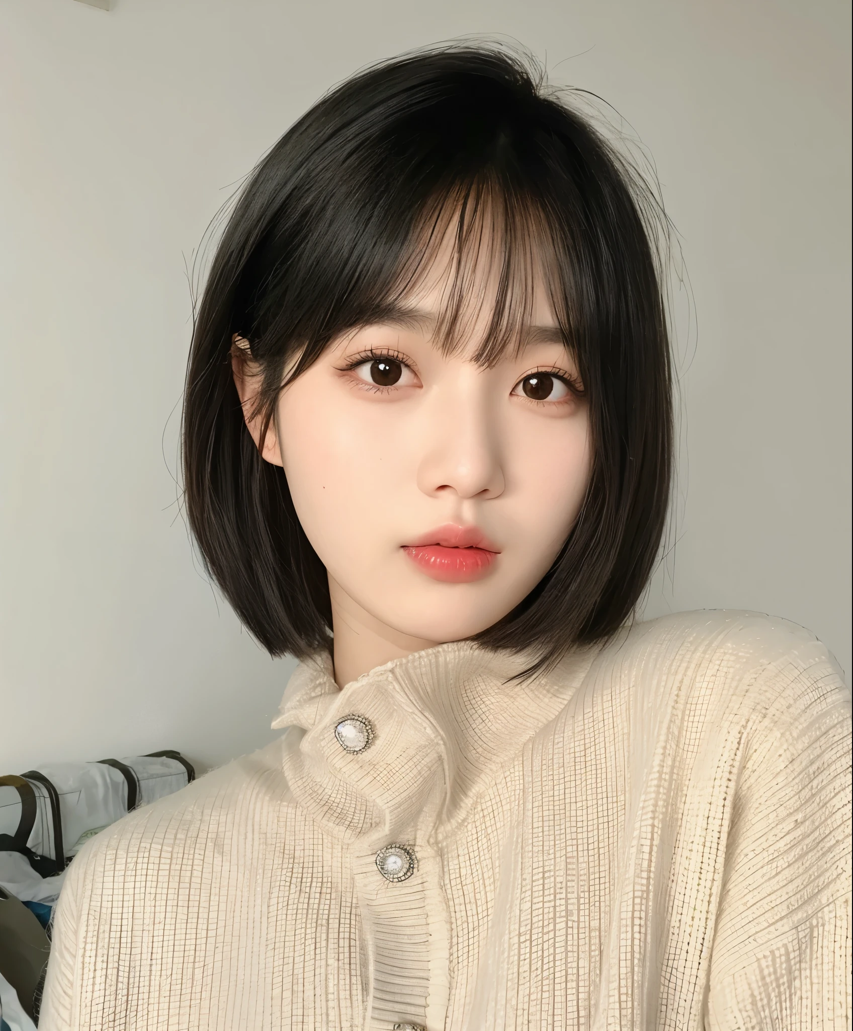 黑色short hair和毛衣的菲德亚洲女人, short hair, Urzan, 🤤 girl portrait, short hair with bangs, 年轻cute korean face, she has black hair，Have bangs, korean girl, kawaii realistic portrait, girl cute and delicate face, Hair with bangs, cute korean face, 8K))