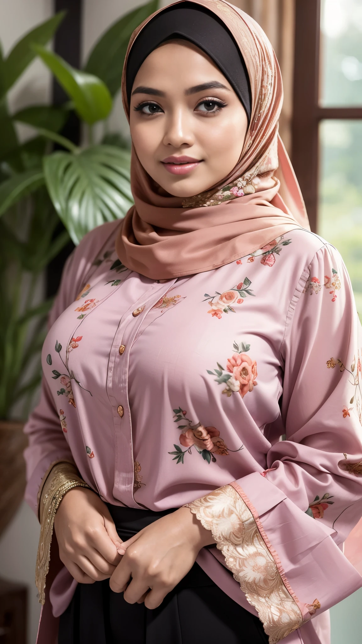 Close up),RAW, Best quality, high resolution, masterpiece: 1.3), Beautiful Malay woman in hijab,perfect fit body, big breast,sthick thighs,big beautiful eyes, Soft smile, beautiful face,very beutifull face,lip glosy, watery eyes, woman wearing a floral shirt and black pants, lovely woman, malay women, hijab, very beautifull girl, with beautiful exotic, wearing beautiful clothes, cute woman, young and cute girl, beautiful pretty young, beautiful female, attractive girl, beautiful malay woman, beautiful, muslim, wearing a blouse, beautiful woman dress and cloth ,Great lighting, Bright colors, Clean lines , background bokeh.