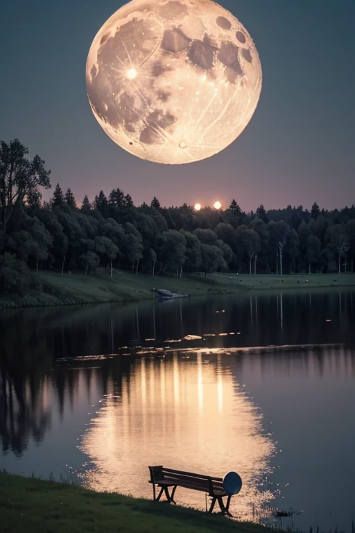 There is a bench in the grass near a lake and a giant tree, cattle grazing near the trees, the moon reflects in the water, full moon in the background, full moon in the background, big moon in the background, big moon in the background!, (moon in the background), moon reflecting in the water, moon in the background, perfect and sharp moon,  Moon in the background  