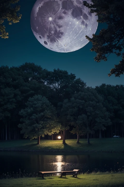 There is a bench in the grass near a lake and a giant tree, cattle grazing near the trees, the moon reflects in the water, full moon in the background, full moon in the background, big moon in the background, big moon in the background!, (moon in the background), moon reflecting in the water, moon in the background, perfect and sharp moon, Moon in the background