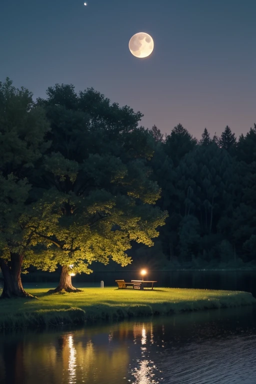 There is a bench in the grass near a lake and a giant tree, cattle grazing near the trees, the moon reflects in the water, full moon in the background, full moon in the background, big moon in the background, big moon in the background!, (moon in the background), moon reflecting in the water, moon in the background, perfect and sharp moon,  Moon in the background  