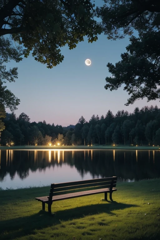There is a bench in the grass near a lake and a giant tree, cattle grazing near the trees, the moon reflects in the water, full moon in the background, full moon in the background, big moon in the background, big moon in the background!, (moon in the background), moon reflecting in the water, moon in the background, perfect and sharp moon, Moon in the background