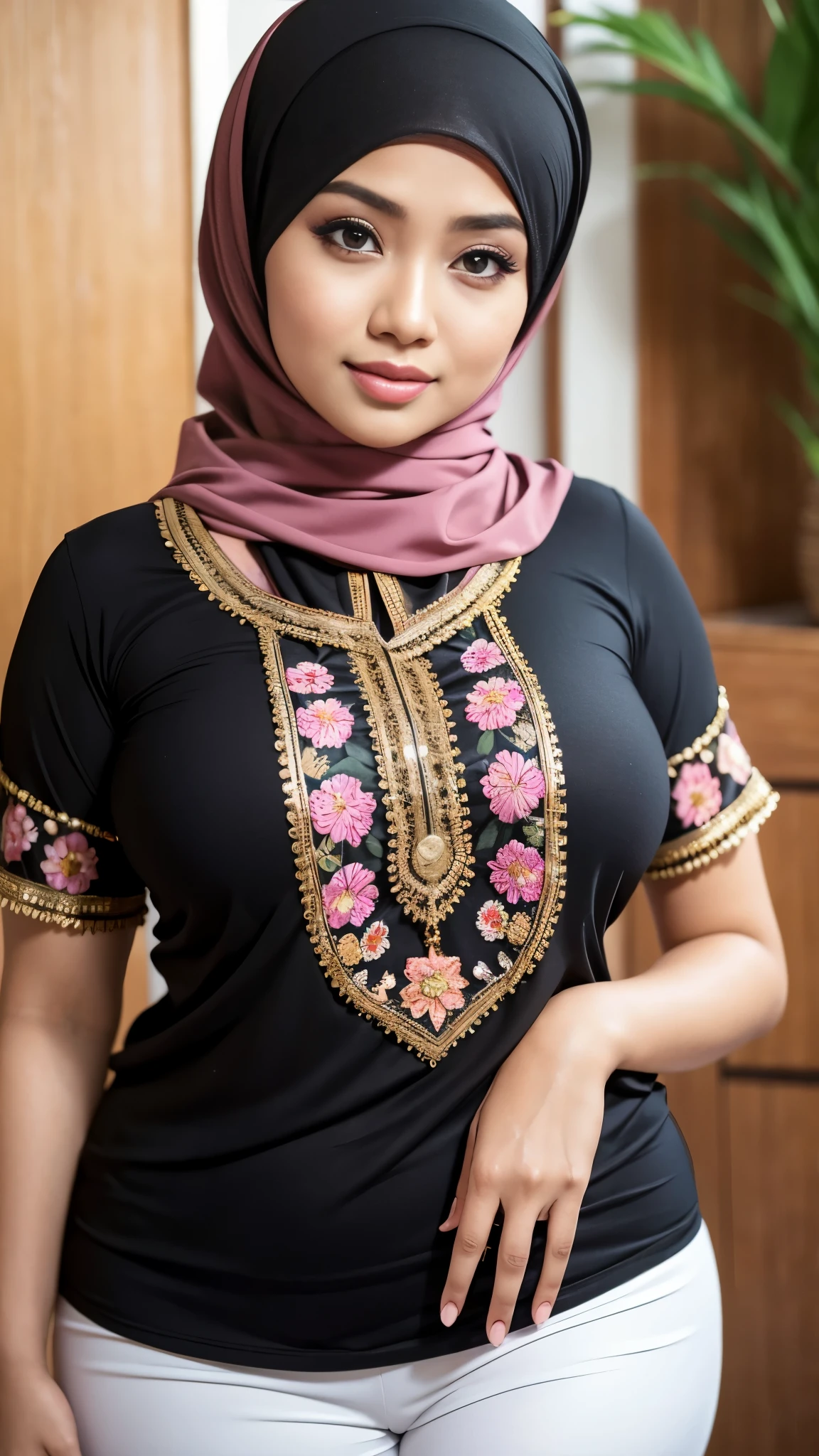 Close up),RAW, Best quality, high resolution, masterpiece: 1.3), Beautiful Malay woman in hijab,perfect fit body, big breast,sthick thighs,big beautiful eyes, Soft smile, beautiful face,very beutifull face,lip glosy, watery eyes, woman wearing a floral shirt and black pants, lovely woman, malay women, hijab, very beautifull girl, with beautiful exotic, wearing beautiful clothes, cute woman, young and cute girl, beautiful pretty young, beautiful female, attractive girl, beautiful malay woman, beautiful, muslim, wearing a blouse, beautiful woman dress and cloth ,Great lighting, Bright colors, Clean lines , background bokeh.