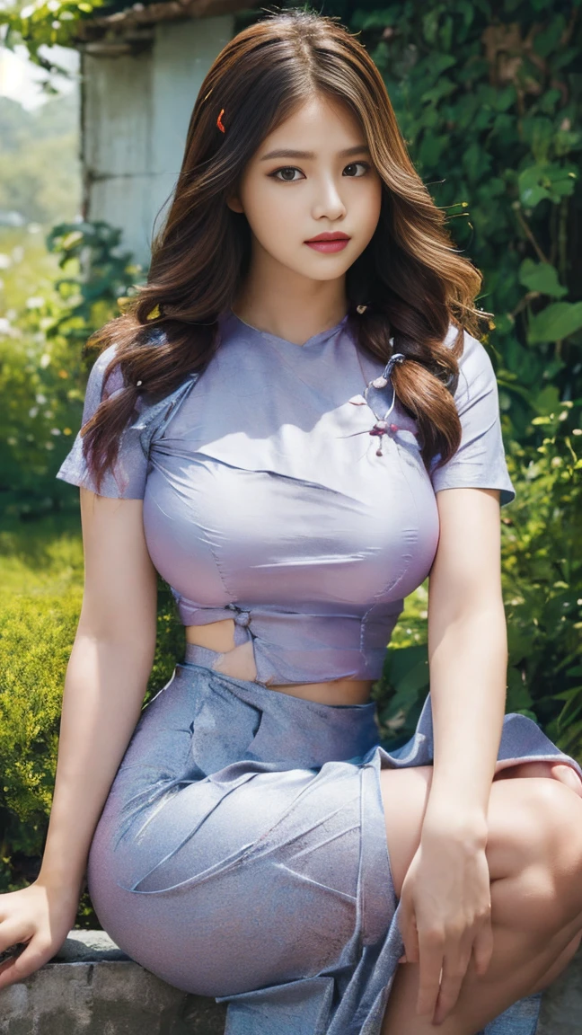 (best quality,4k,8k,highres,masterpiece:1.6),ultra-detailed,(realistic,photorealistic,photo-realistic:1.5),clear lines,light and dark photography,canon photography,crystal clear,detailed eyes and lips,beautiful woman,Burmese dress,traditional dress,slim fit dress,(Pretty Buttocks:1.5), long Hair, Instagram Pattern Pose, standing cute pose, confident, slim girl, big tits:1.3, perfect anatomy, perfect symmetry:1.2, Realistic, realistic face:1.3, perfect face, content, confident, very detailed, and dramatic, cinematic lighting, Lighting scene, soft lights
graceful movement, full body photography, (((masterpiece :1.5))), vibrant colors,exquisite embroidery,detailed patterns,graceful posture,serene expression,natural lighting,rich textures,depth and dimension,warm color tones,gorgeous background scenery,((beautiful colorful garden:1.6)),floral elements,fine brushstrokes,artistic composition,natural poses,photogenic,model-like appearance, full body photography, photorealistic photoreal,acmm ls outfit, wearing acmm top, olive green acmm top, long sleeves, wearing acmm long skirt, olive green acmm long skirt, printed skirt.acmm ss outfit, wearing acmm top, light purple acmm top, short sleeves, buttons, wearing acmm long skirt, white and pink with printed acmm long skirt.. white sandle