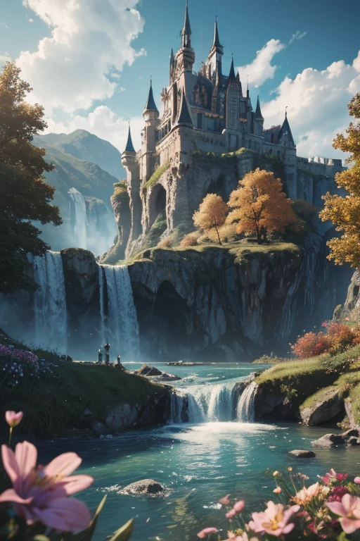 masterpiece, best quality, high quality, extremely detailed CG unit 8k wallpaper, landscape, outdoor, sky, cloud, day, great medieval castle, no humans, mountain, landscape, water, tree, blue sky, waterfall, cliff, nature, lake, river, village, autumn, cloudy sky, multicolored flowers, award-winning photography, Bokeh, depth of field, HDR, bloom, chromatic aberration, photorealistic, extremely detailed, trend on artstation, trend on CGsociety, Complex, High Detail, dramatic, art by midjourney
