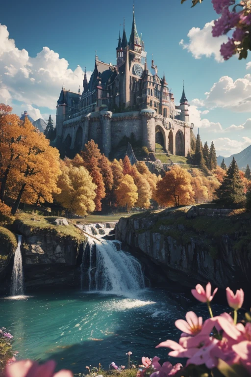masterpiece, best quality, high quality, extremely detailed CG unit 8k wallpaper, landscape, outdoor, sky, cloud, day, great medieval castle, no humans, mountain, landscape, water, tree, blue sky, waterfall, cliff, nature, lake, river, village, autumn, cloudy sky, multicolored flowers, award-winning photography, Bokeh, depth of field, HDR, bloom, chromatic aberration, photorealistic, extremely detailed, trend on artstation, trend on CGsociety, Complex, High Detail, dramatic, art by midjourney