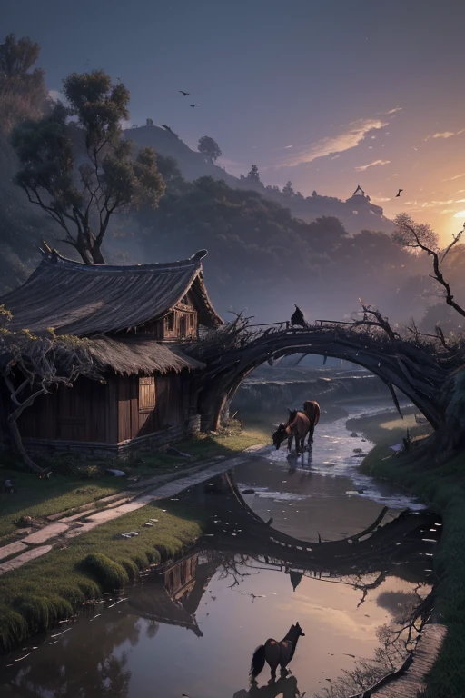 masterpiece, high quality, high resolution,8k, chinese painting ,, Withered vines, aged ((trees)), dusk ((crows)) cawing free,, ((a small bridge)), flowing water, (((a humble dwelling))), (a horse:1.6),, Westward blows the chilly wind on ((an ancient path)),, As the sun sets, my heart aches with a lonely wrath,,