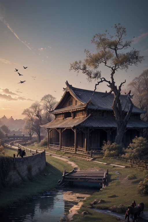 masterpiece, high quality, high resolution,8k, chinese painting ,, Withered vines, aged ((trees)), dusk ((crows)) cawing free,, ((a small bridge)), flowing water, (((a humble dwelling))),  (a horse:1.6),, Westward blows the chilly wind on ((an ancient path)),, As the sun sets, my heart aches with a lonely wrath,, 