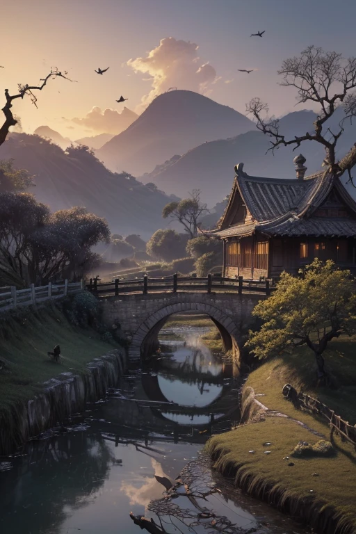 masterpiece, high quality, high resolution,8k, chinese painting ,, Withered vines, aged ((trees)), dusk ((crows)) cawing free,, ((a small bridge)), flowing water, (((a humble dwelling))),  (a horse:1.6),, Westward blows the chilly wind on ((an ancient path)),, As the sun sets, my heart aches with a lonely wrath,, 