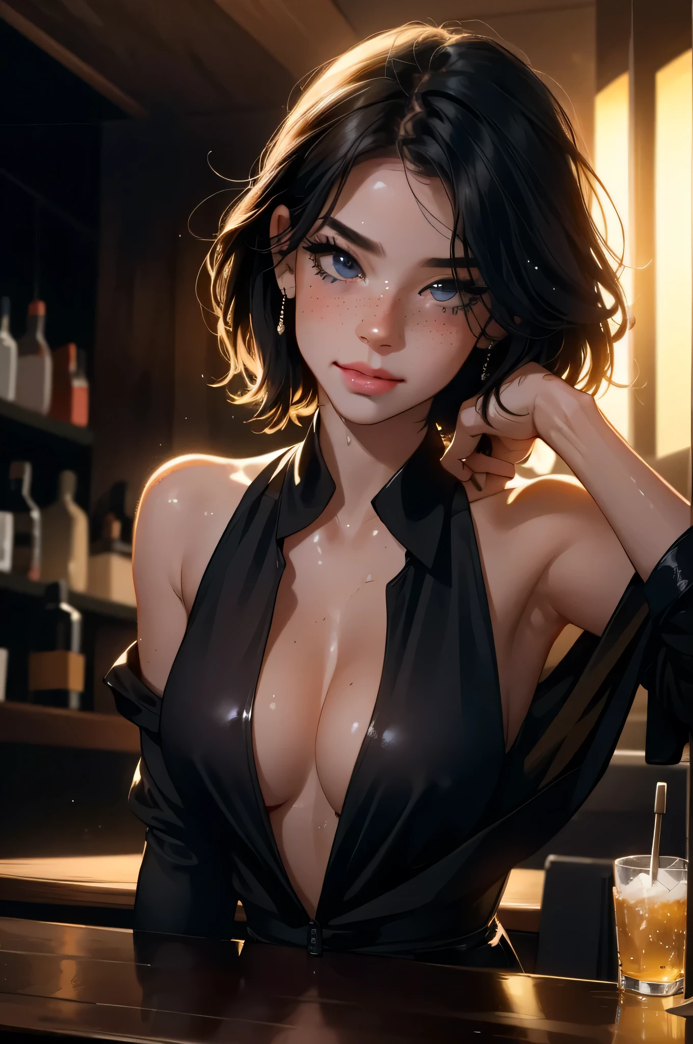 girl at a nightclub sitting at bar, eyeliner (masterpiece) (best quality) (detailed) (8k) (HDR) (wallpaper) (cinematic lighting) (sharp focus) (intricate) freckles, biting lip, short hair, slutty outfit, sexy, blush, aroused, cleavage, shiny boobs, wet skin