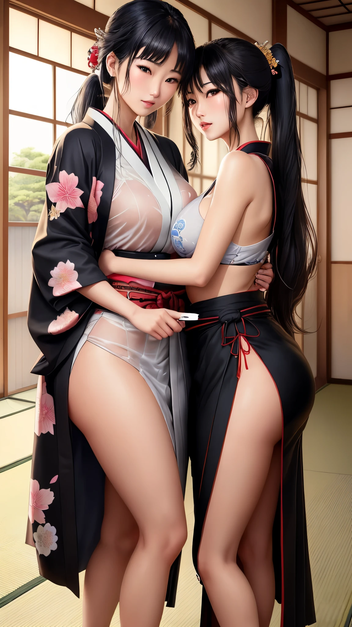 NSFW、最high quality、high quality、best image quality、8K、最High resolution、High resolution、最high quality、masterpiece、Depth of object being written、RAW photo、group photo、realistic atmosphere、(detailed face)、(fine hands、thumb1reference4)、(beauty of japan )、very nice face、cute face、((beautiful japanese girl))、(日本people々woman), ((multiple girls))、((girls hugging each other2people々))、((18 year old beautiful girl))、(glossy black hair)、(straight long hair)、(ponytail)、whole body、slim style、(shiny skin)、(Fair skin, Glossy skin)、本物のpeople々skin between、リアルなpeople々body structure、perfect body, perfect face, perfect hands, perfect fingers, perfect lips, perfect eyes,perfect teeth、perfect background, perfect atmosphere, natural soft light、photon mapping、samurai kimono、maiko kimono、servant、geisha kimono、japanese kimono、Kimono up to the waist、short kimono、japanese traditional、((floral kimono(thin、sexy、transparent、erotic))、In front of a samurai residence in Japan、((random color floral pattern(samurai kimono、Hakama with slit))、Hakama with slitに手を入れる女の子、Hakama with slitを捲る女の子、