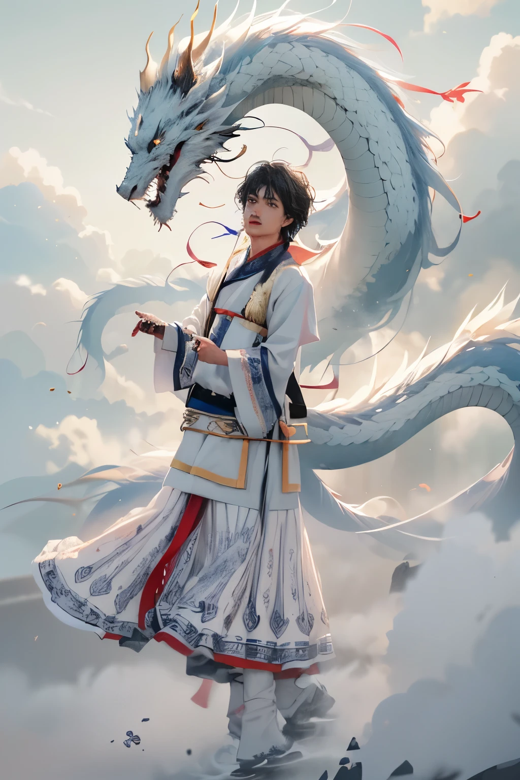 dynamic lighting, art station, poster, Volumetric lighting, Very detailed faces, 4k wallpaper, Award-winning, (((1 boy))), long flowing hair, dynamic perspective, white hanfu, White gauze flying, red belt, Chinese traditional ink painting, shrouded in mist, Riding a white dragon, faucet, White Dragon Horn, dynamic perspective, movie lighting,
