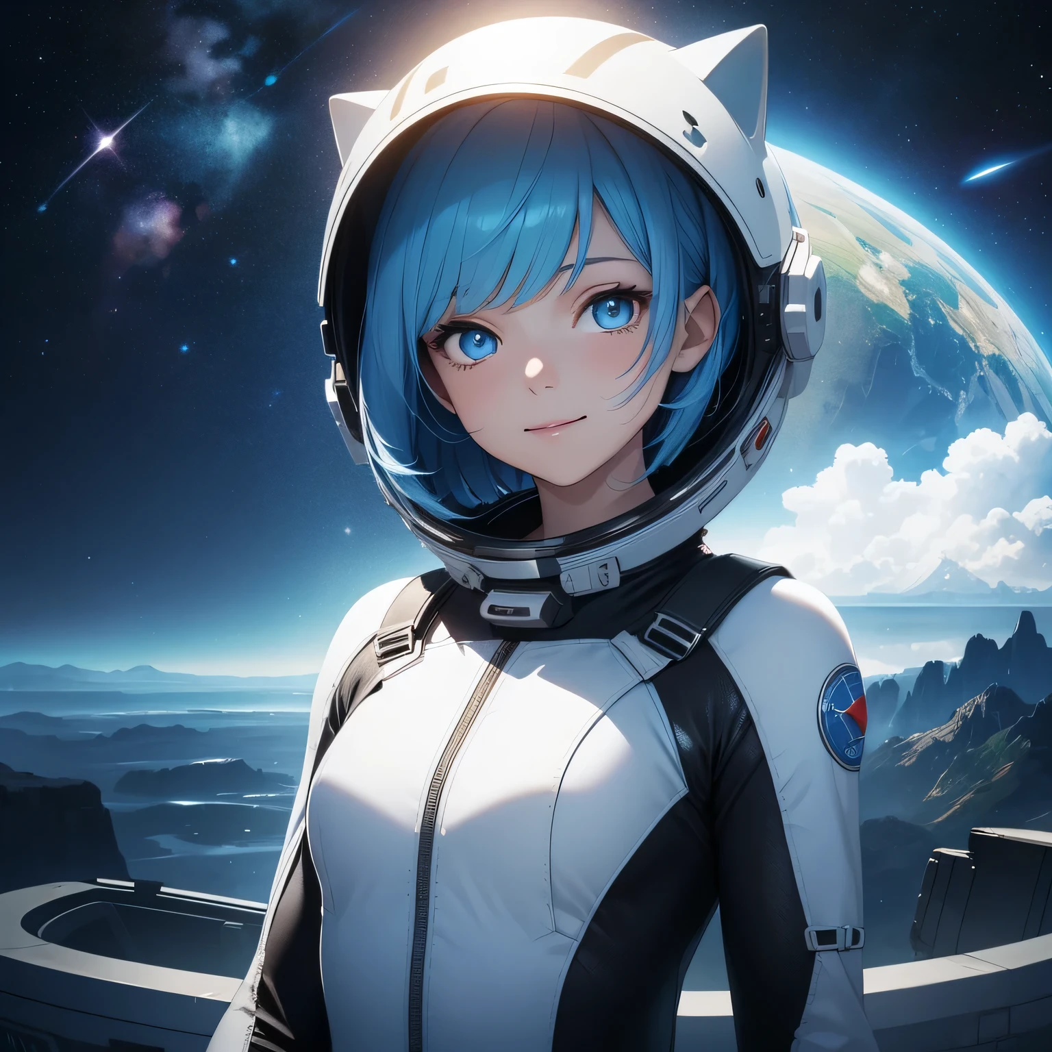 (8k, HDR, RAW photo, best quality, masterpiece:1.2, realistic lighting), full body view, girl floating in outer space, solo, (thin face), realistic beautiful face, very detailed face, smile, (bob cuts hair), ((sky blue hair)), path traced hair, (sky blue cat ears), ((sky blue eyes)), beauty eyes, (flat chest), (small breast), wearing a full body spacesuit, (spacesuit helmet), (space:1.3), look up, upper body, surreal space,fantasy space, outer space