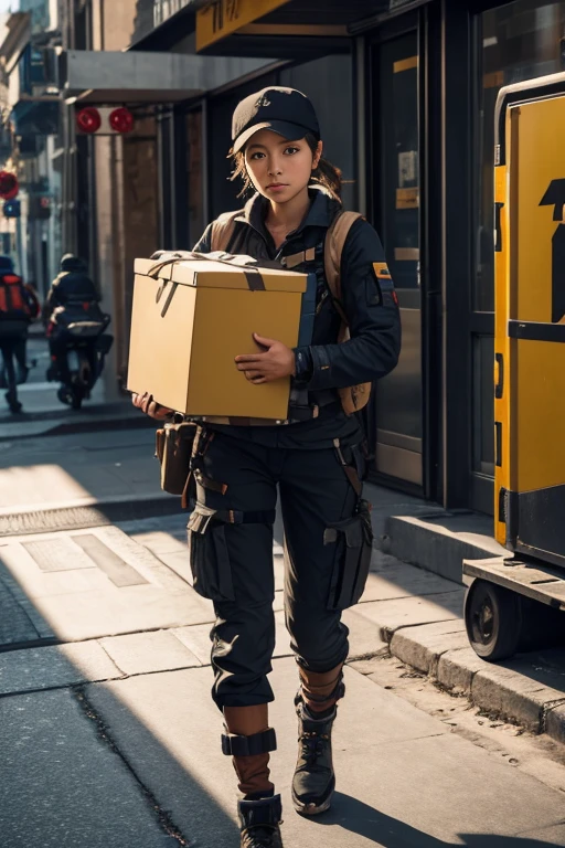 Female courier, tooling, on the way to deliver the courier, on the streets of the city, high detail, 4K, masterpiece.