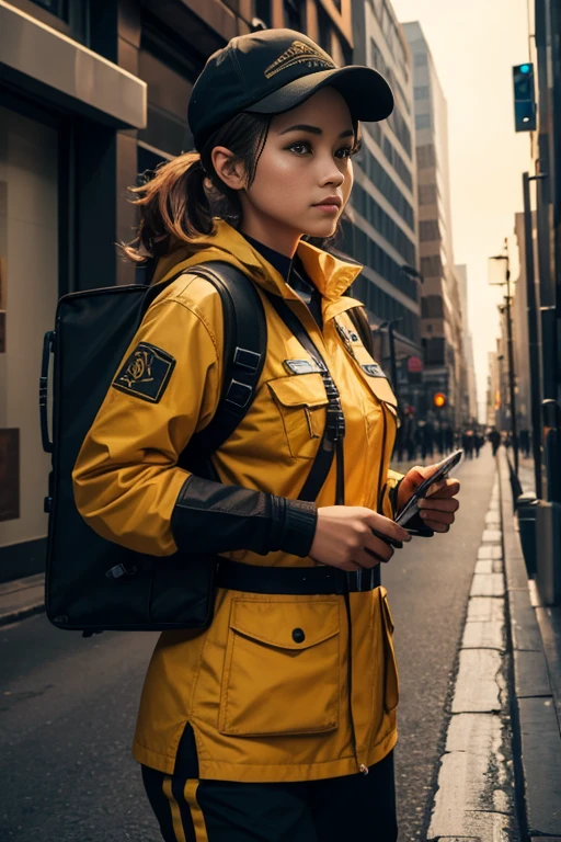 Female courier, tooling, on the way to deliver the courier, on the streets of the city, high detail, 4K, masterpiece.