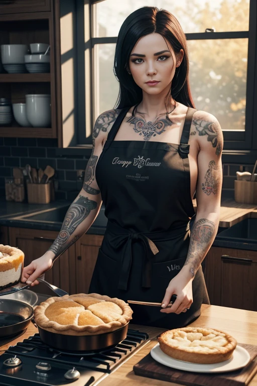 a woman with tattoo, (([red|black] hair)), long hair, wearing a black apron,  cooking, look at viewer, kitchen, cake and pie on background,  indoors, (soothing tones:1.0), (hdr:1.25), (artstation:1.2), dramatic, (intricate details:1.14), (hyperrealistic 3d render:1.16), (filmic:0.55), (rutkowski:1.1), (faded:1.3)