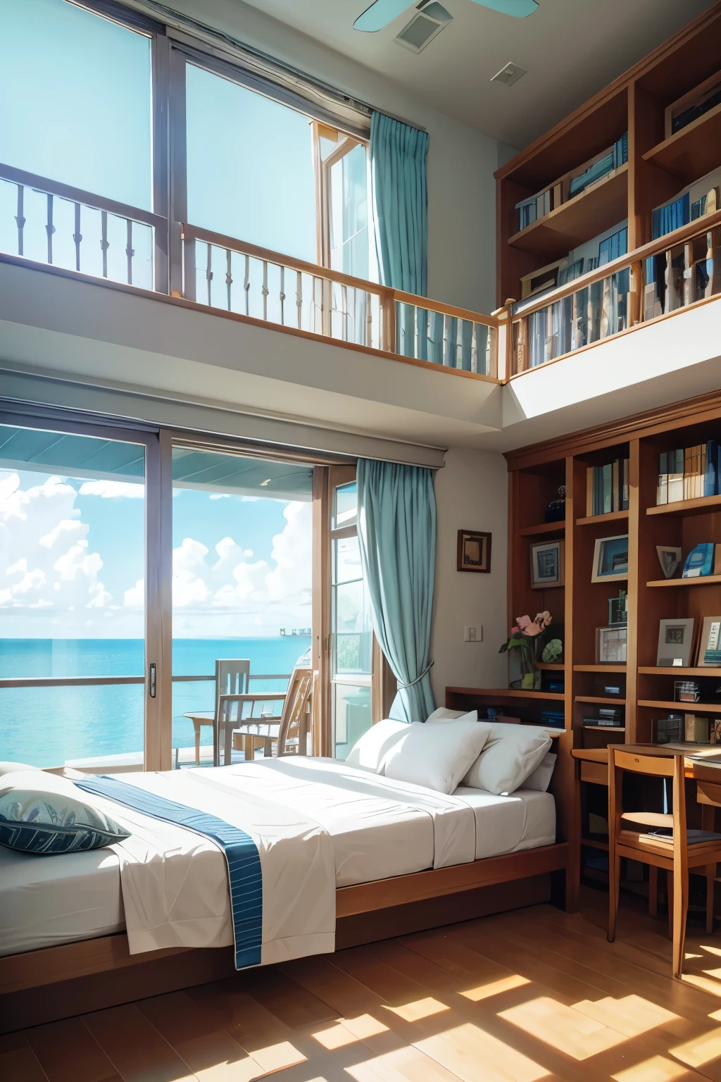 close shot,Inside the island villa,There a large white bed next to the window,There are pillows on the bed,Directly opposite a large, frameless glass floor-to-ceiling window.,It's sunny outside, there are trees and the ocean,There are bookcases on both sides of the window,There a large blackboard placed in front of the left side